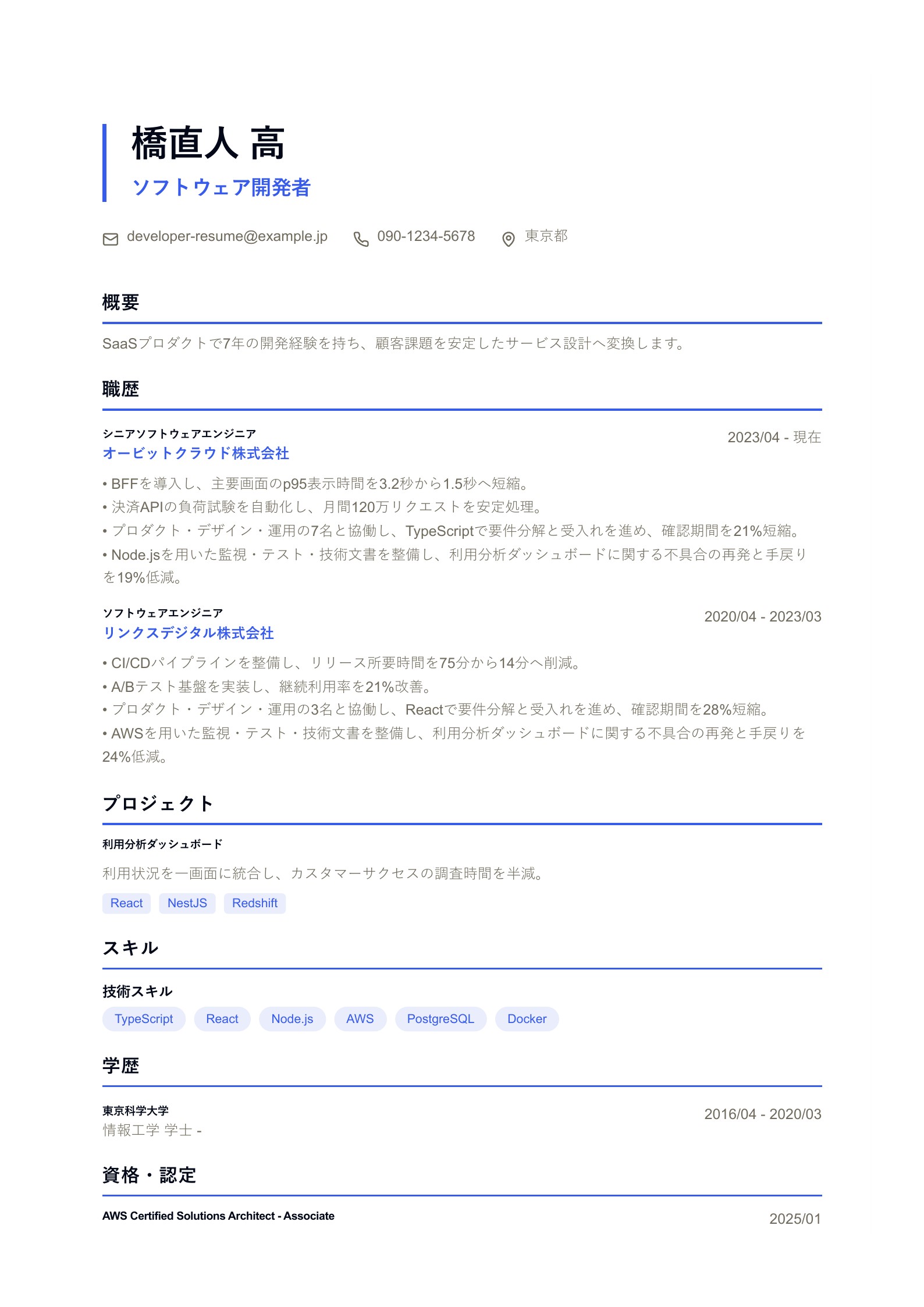 ソフトウェアエンジニアの 職務経歴書PDFテンプレートのプレビュー
