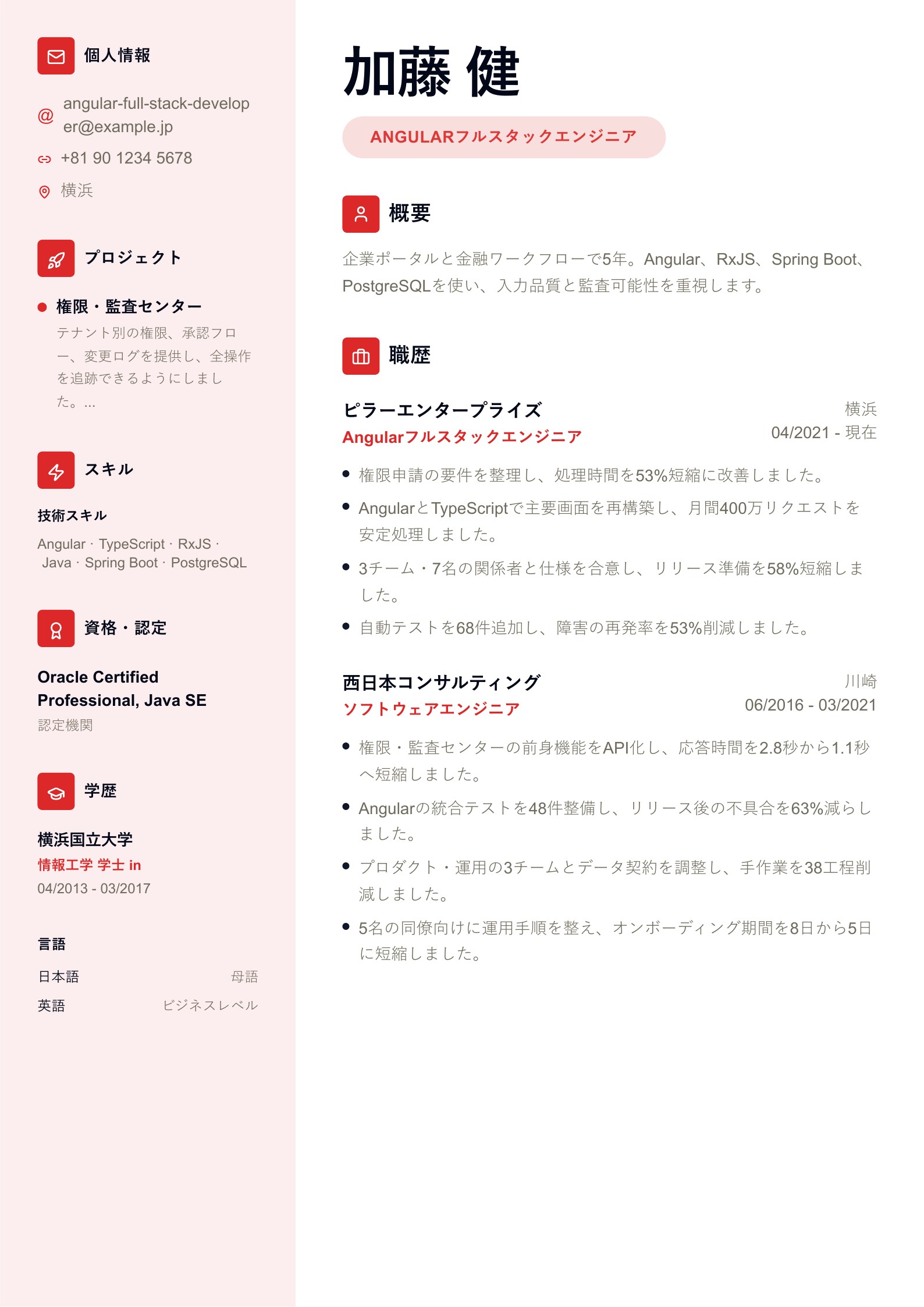 日本語フルスタック職務経歴書例 PDFダウンロードとオンライン編集のプレビュー