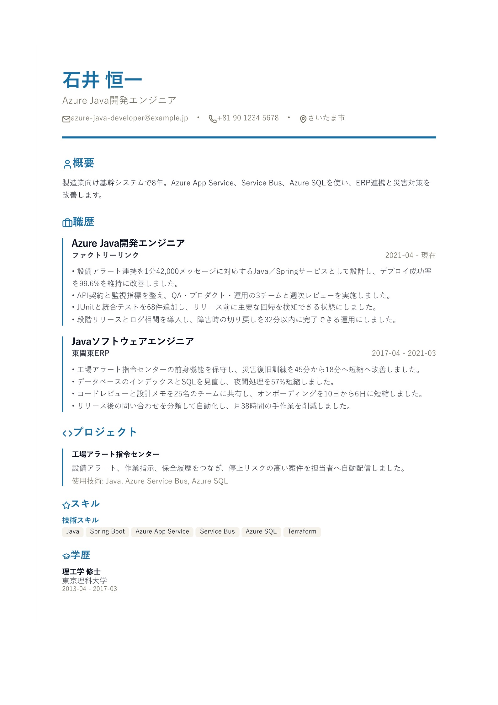 Azure Java開発エンジニアの職務経歴書 - 日本語サンプル