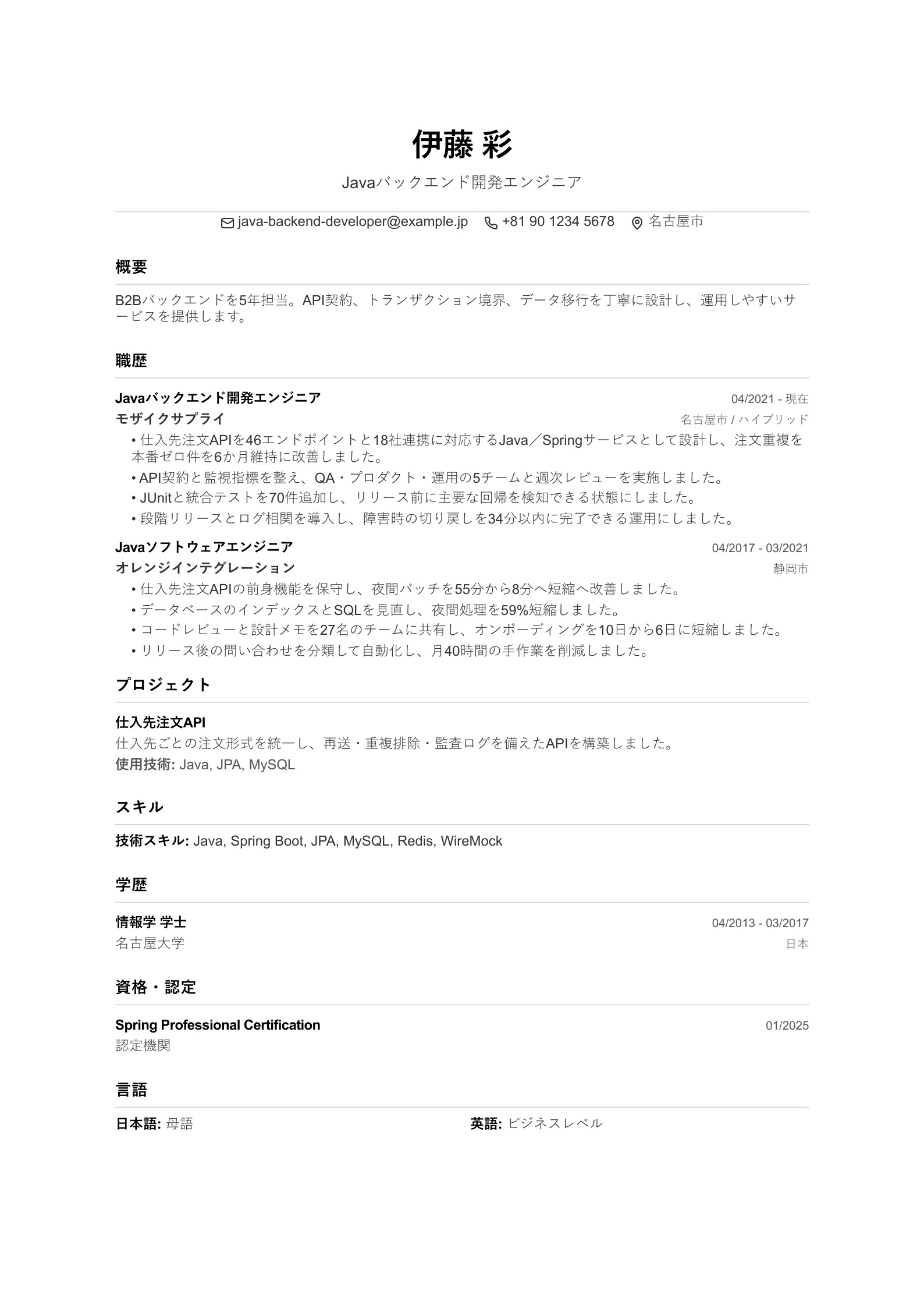 Javaバックエンド開発エンジニアの職務経歴書 - 日本語サンプル