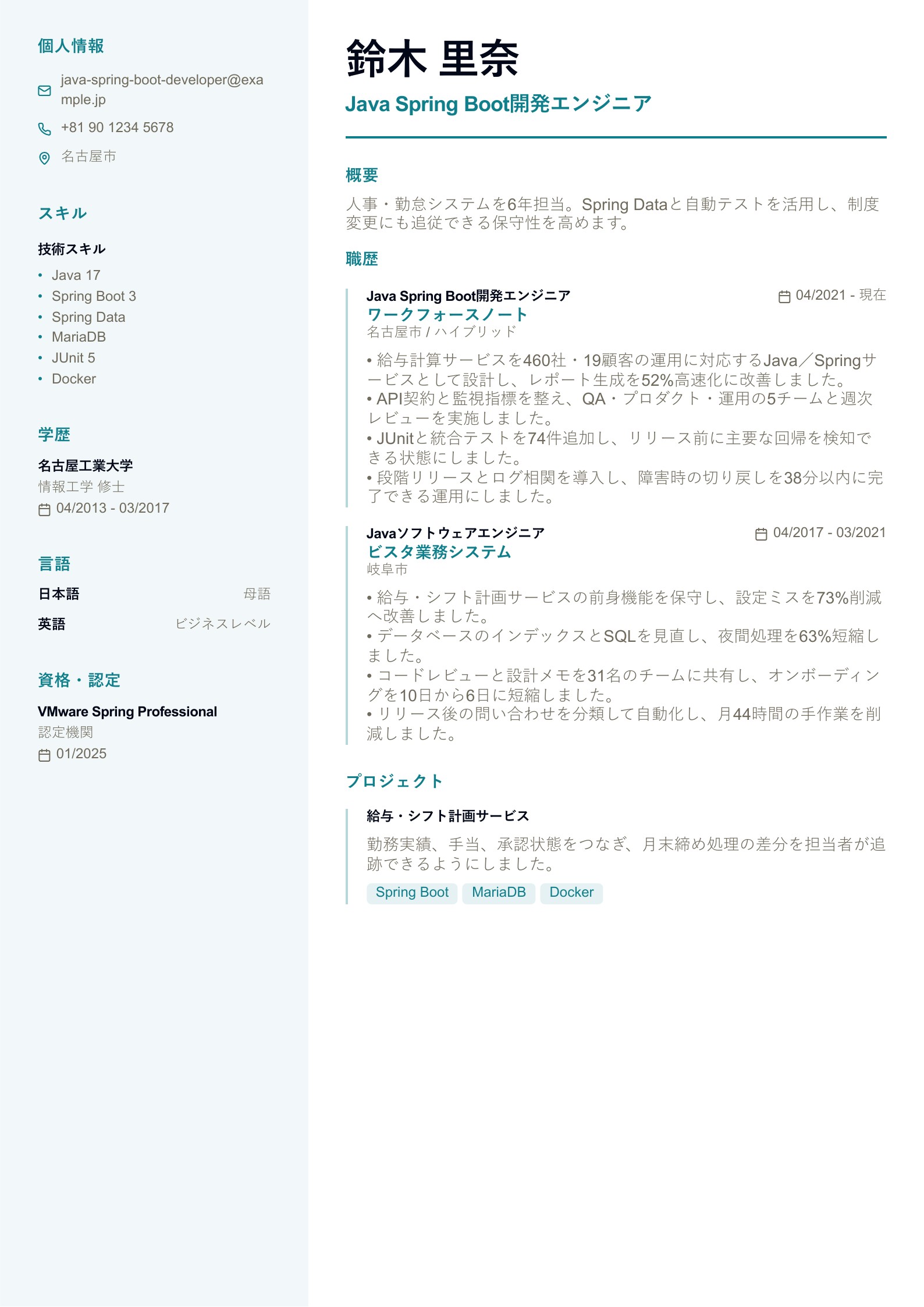 Java Spring Boot開発エンジニアの職務経歴書 - 日本語サンプル