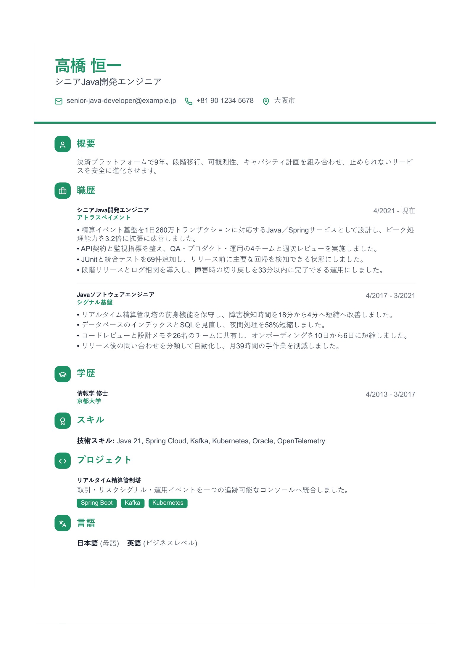 シニアJava開発エンジニアの職務経歴書 - 日本語サンプル