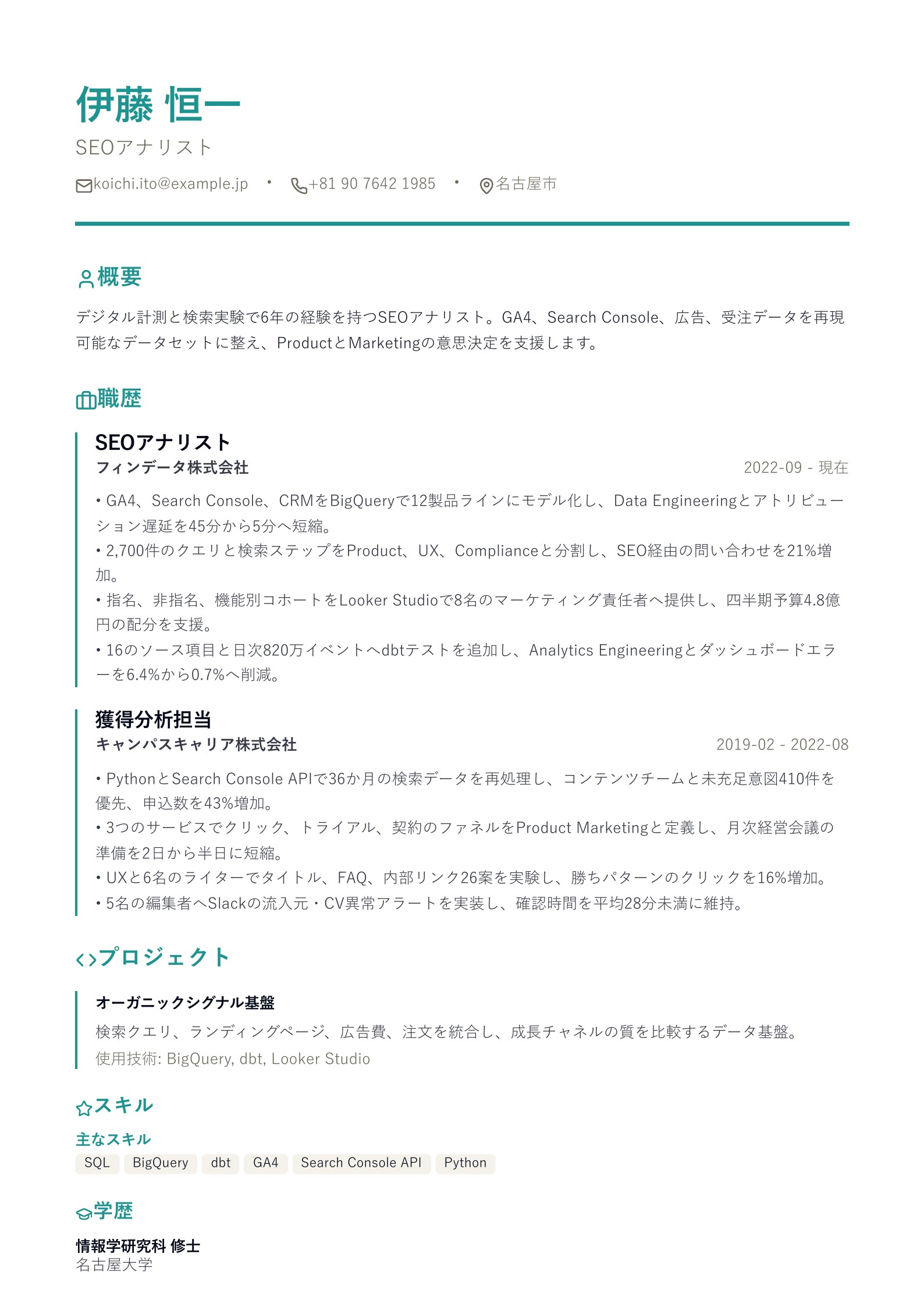 SEO職務経歴書の例 無料PDFテンプレート付きのプレビュー