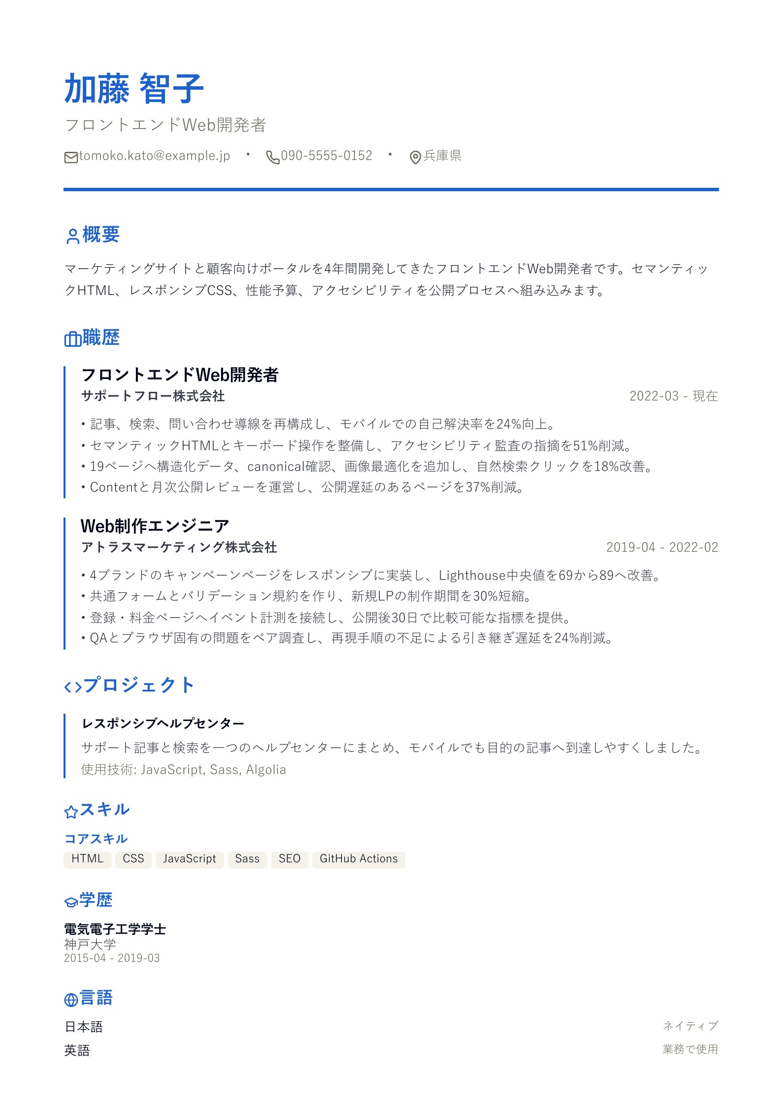フロントエンドWeb開発者の職務経歴書 - 日本語サンプル