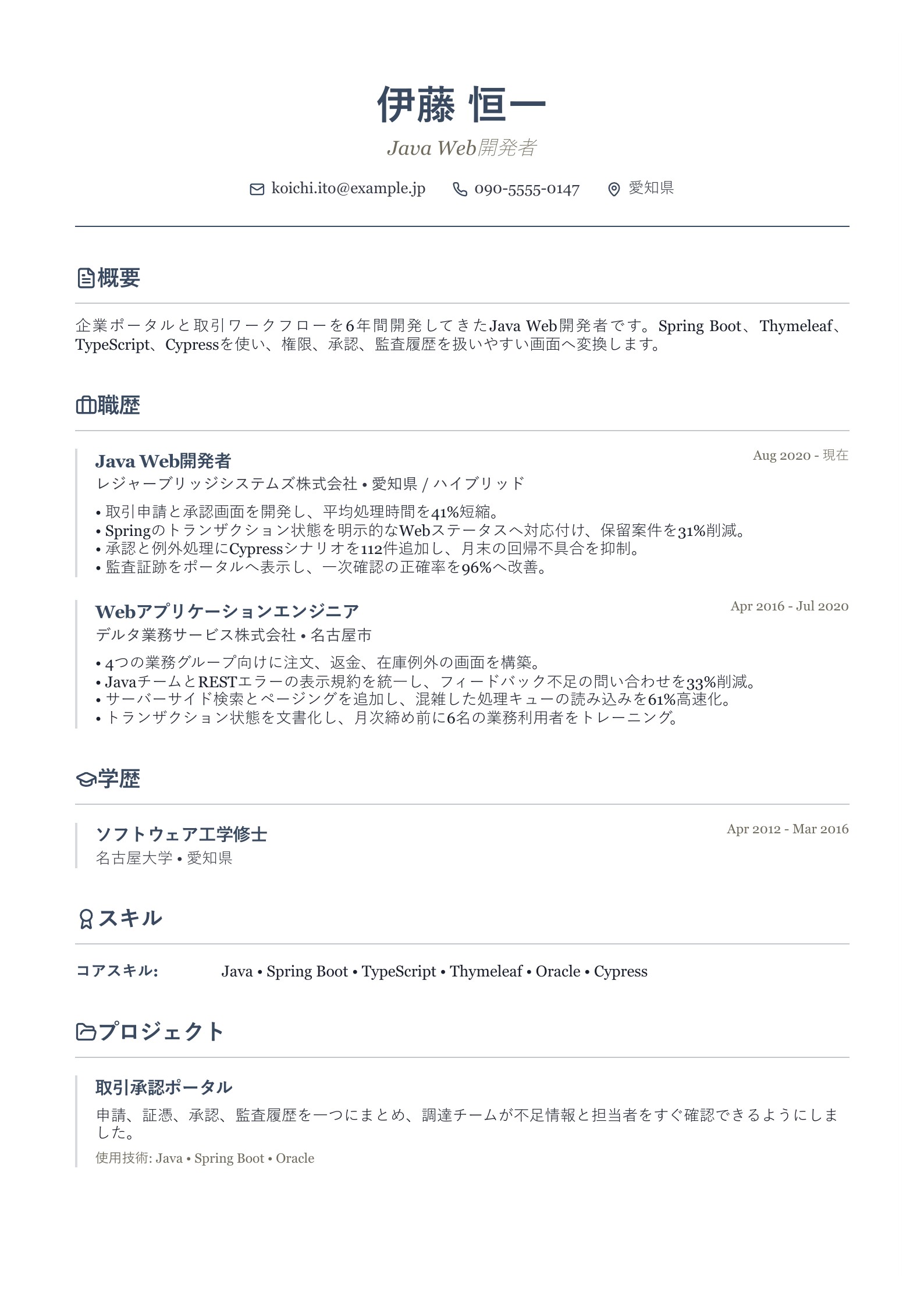 Java Web開発者の職務経歴書 - 日本語サンプル