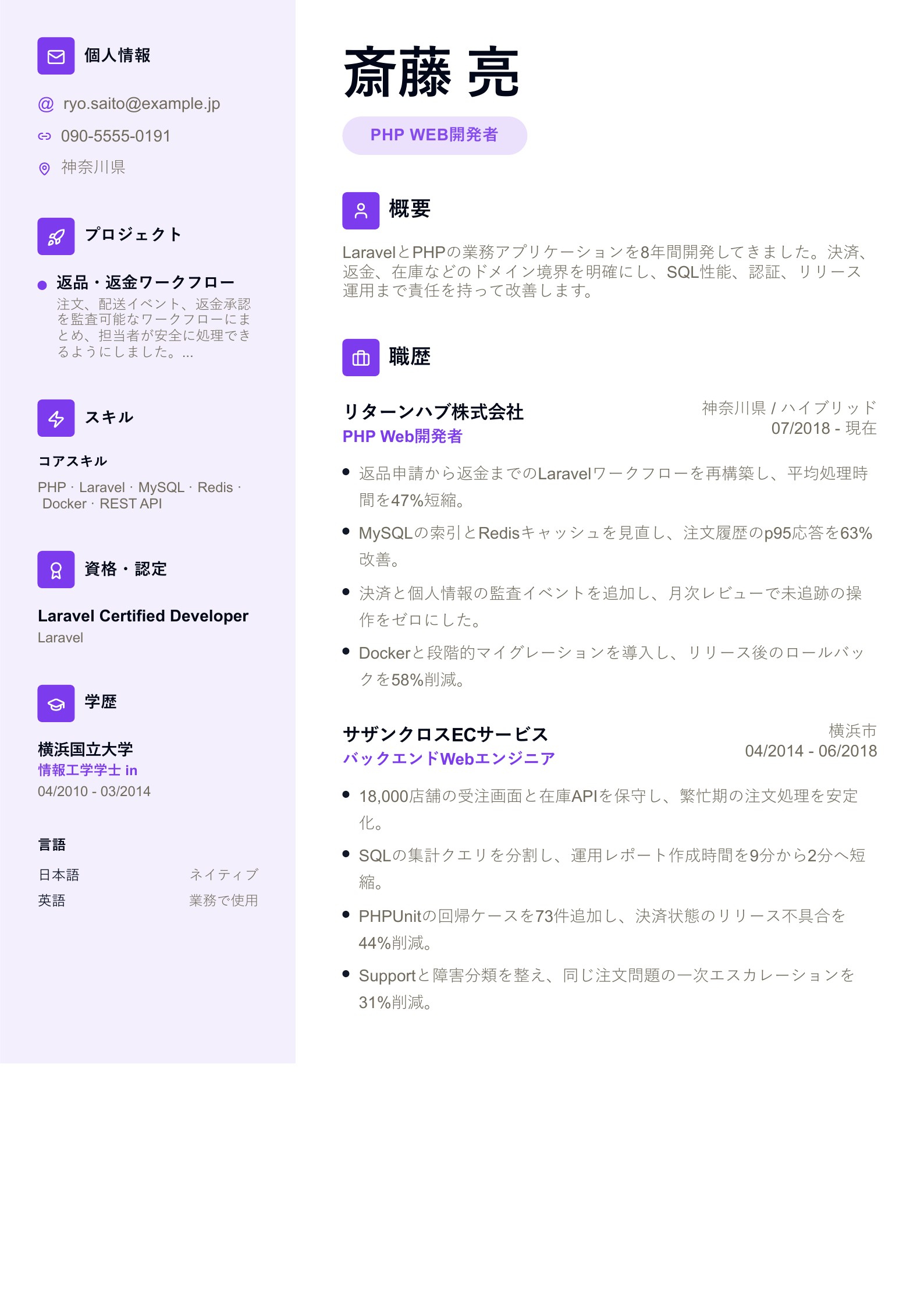 PHP Web開発者の職務経歴書 - 日本語サンプル