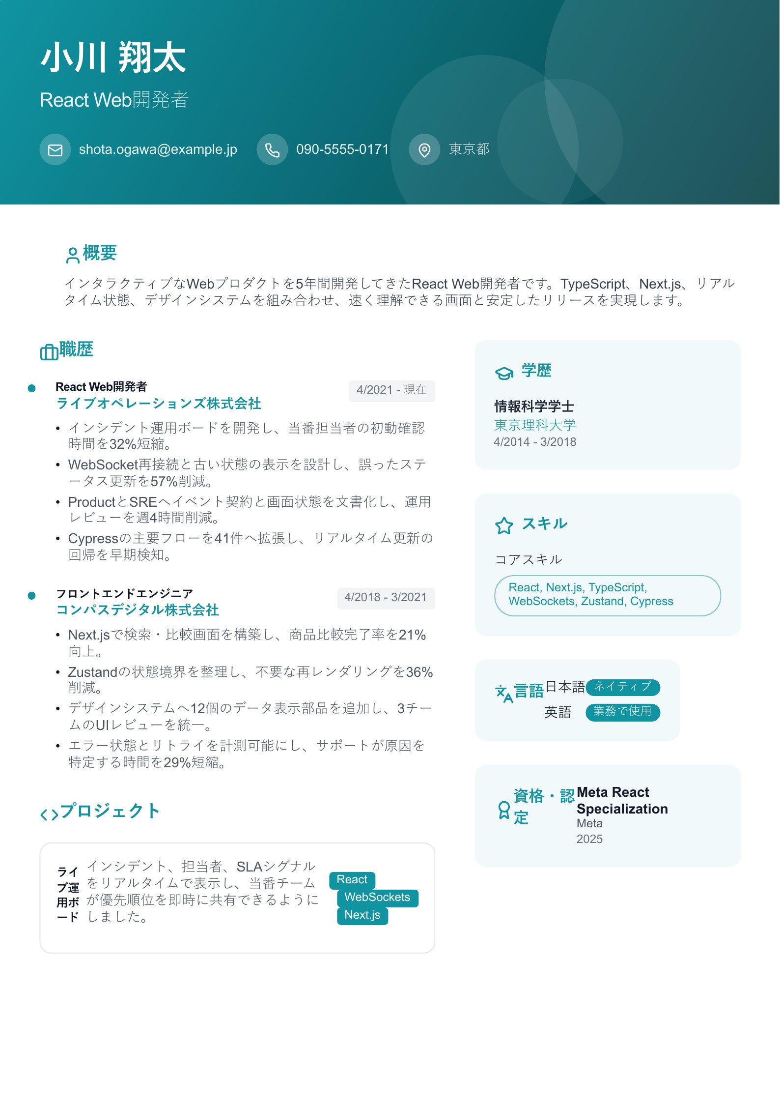 React Web開発者の職務経歴書 - 日本語サンプル