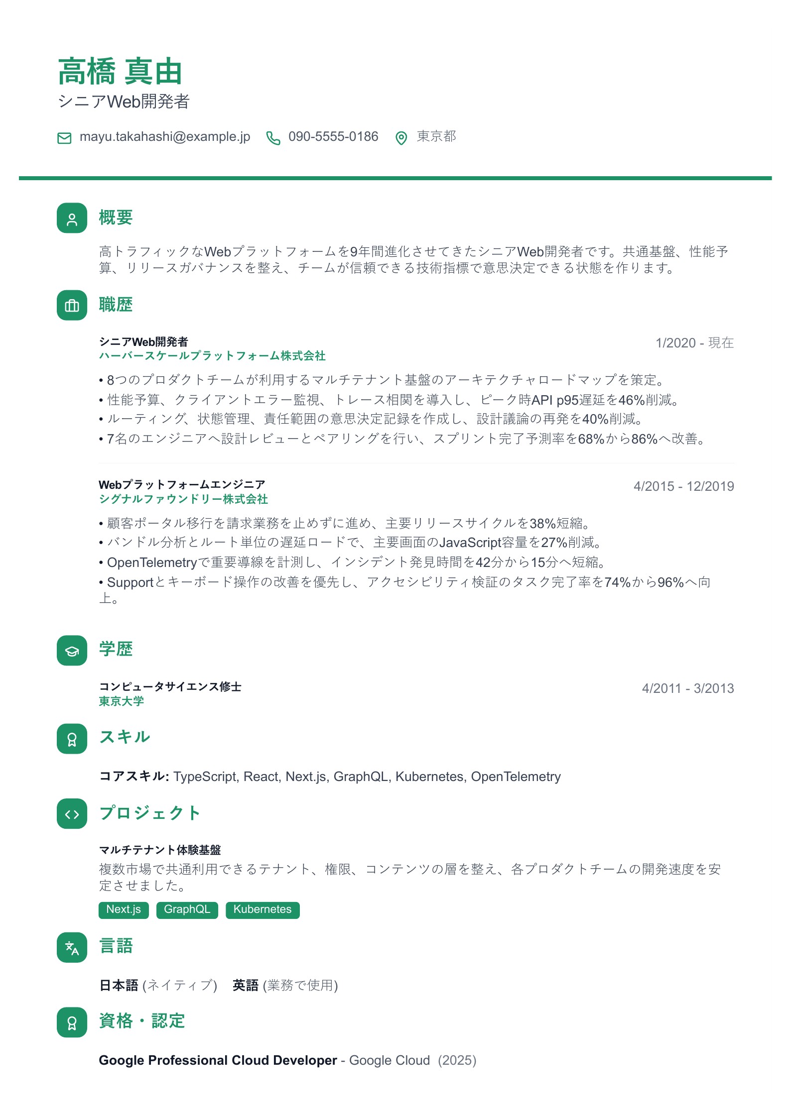 シニアWeb開発者の職務経歴書 - 日本語サンプル