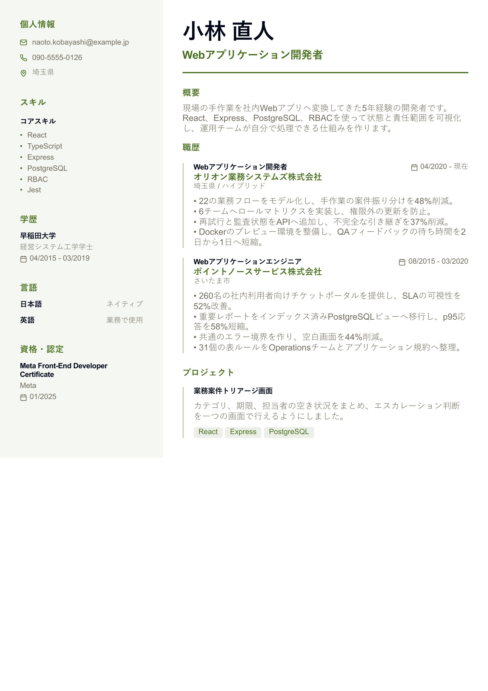 Webアプリケーション開発者の職務経歴書 - 日本語サンプル