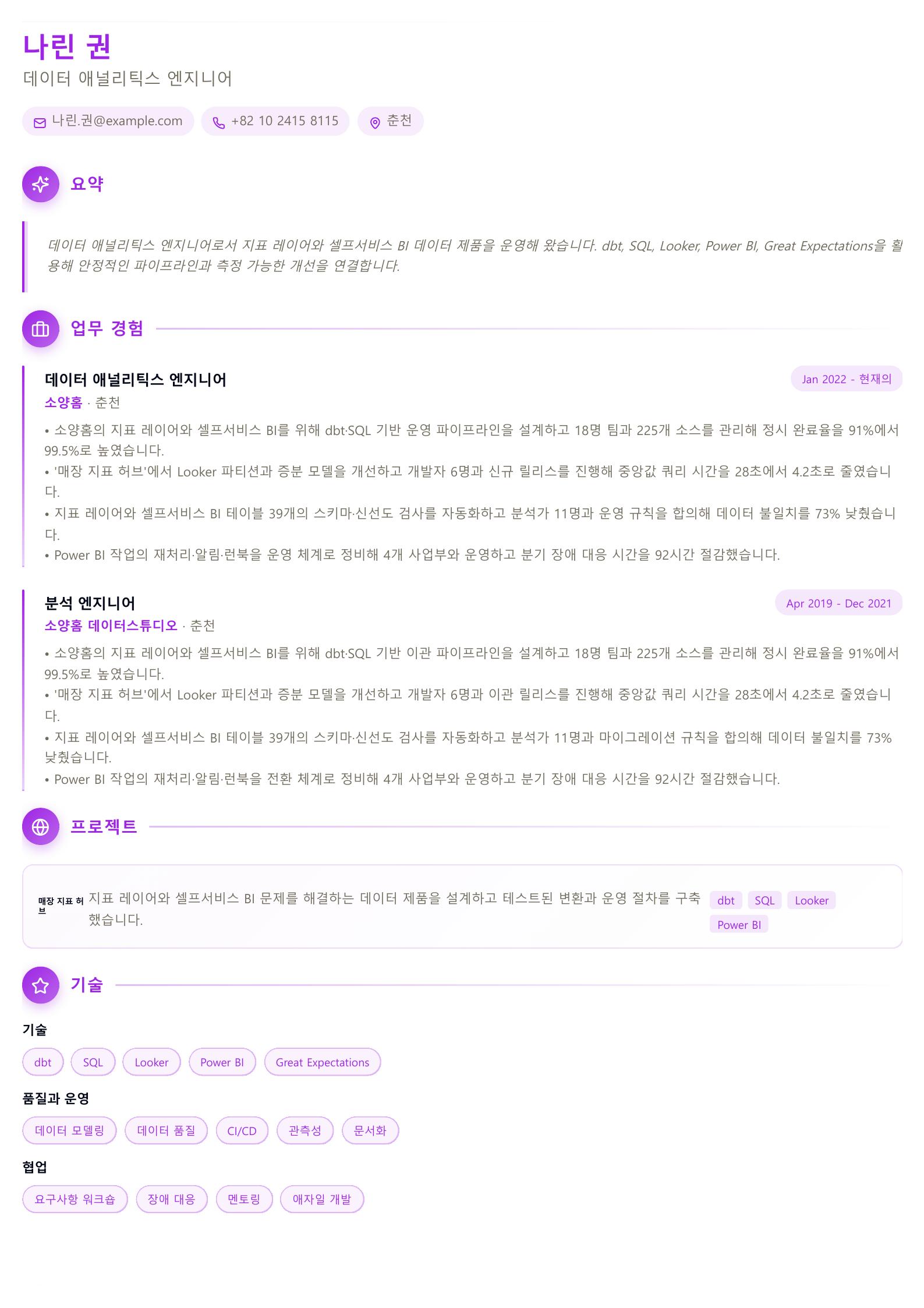 데이터 애널리틱스 엔지니어 이력서 예시 미리보기