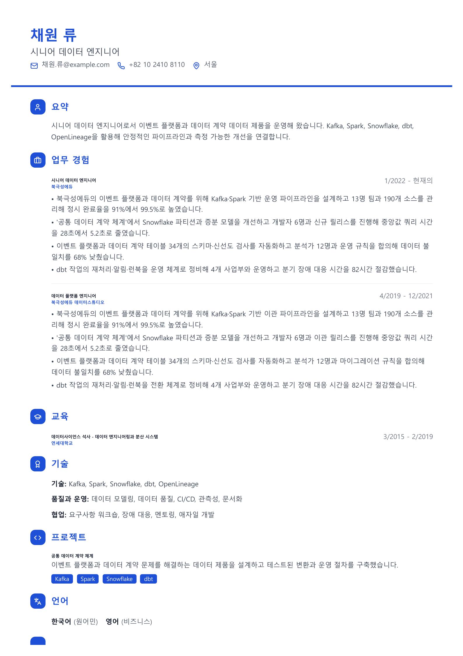 시니어 데이터 엔지니어 이력서 예시 미리보기