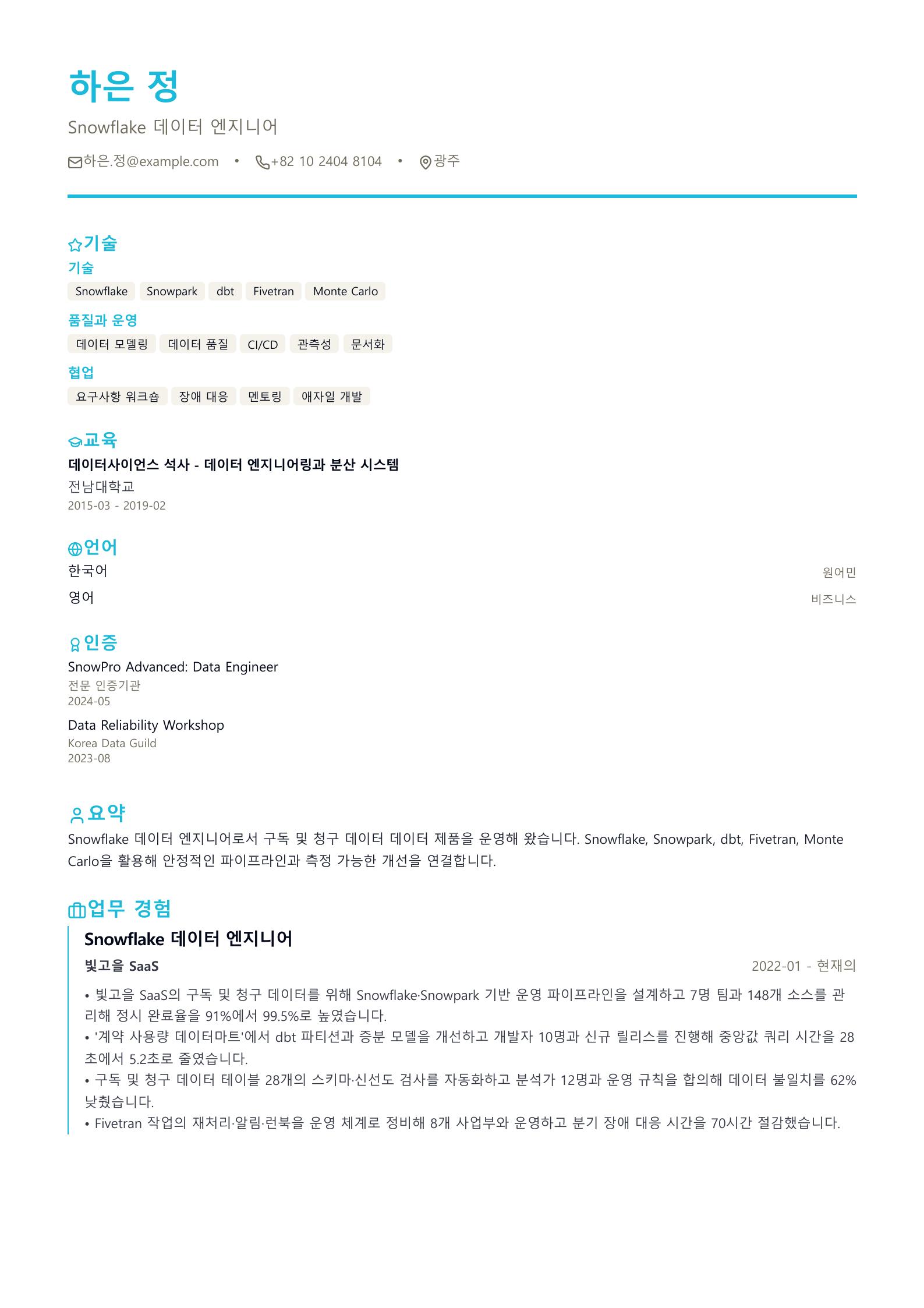 Snowflake 데이터 엔지니어 이력서 예시 미리보기
