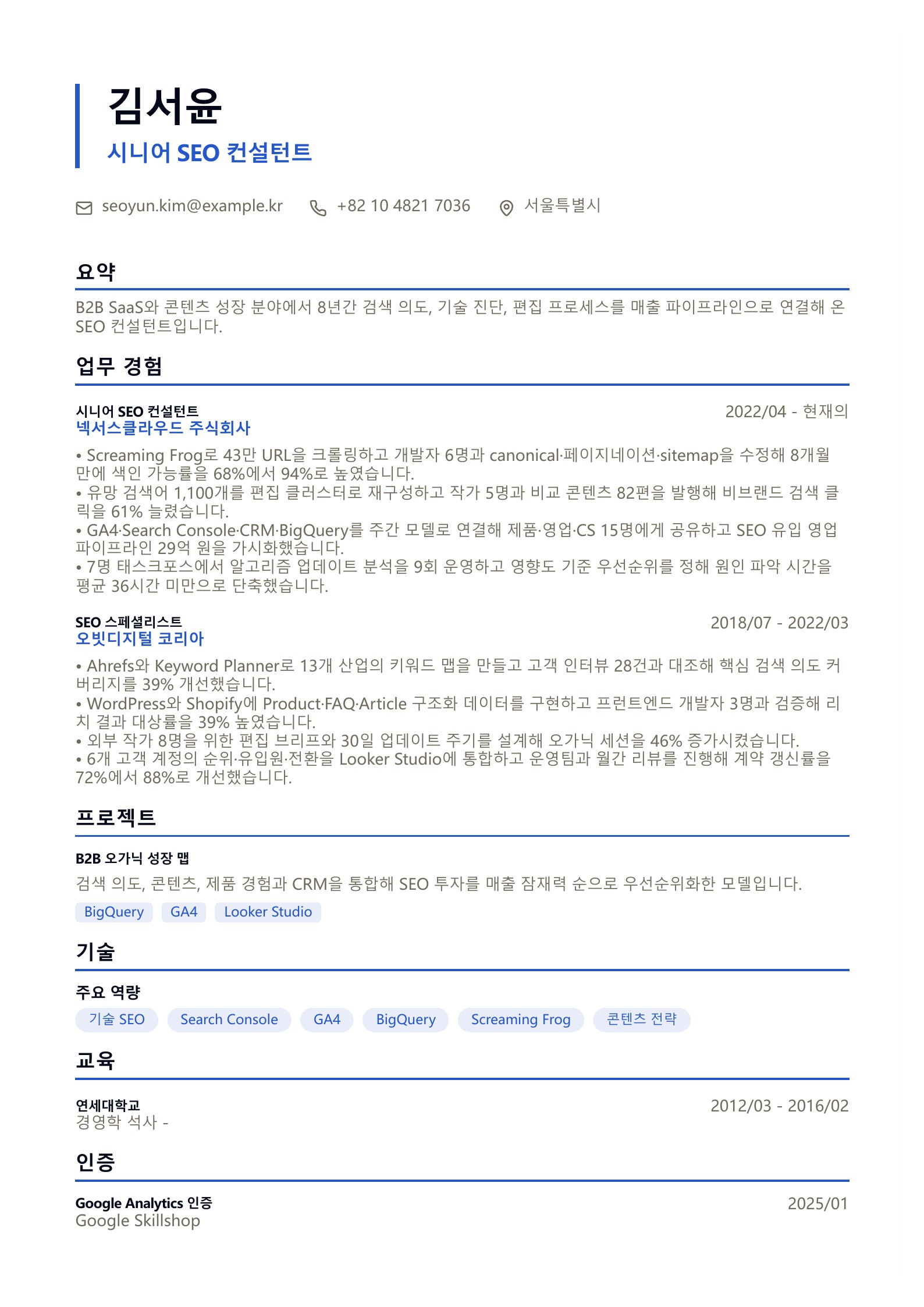 SEO 이력서 미리보기