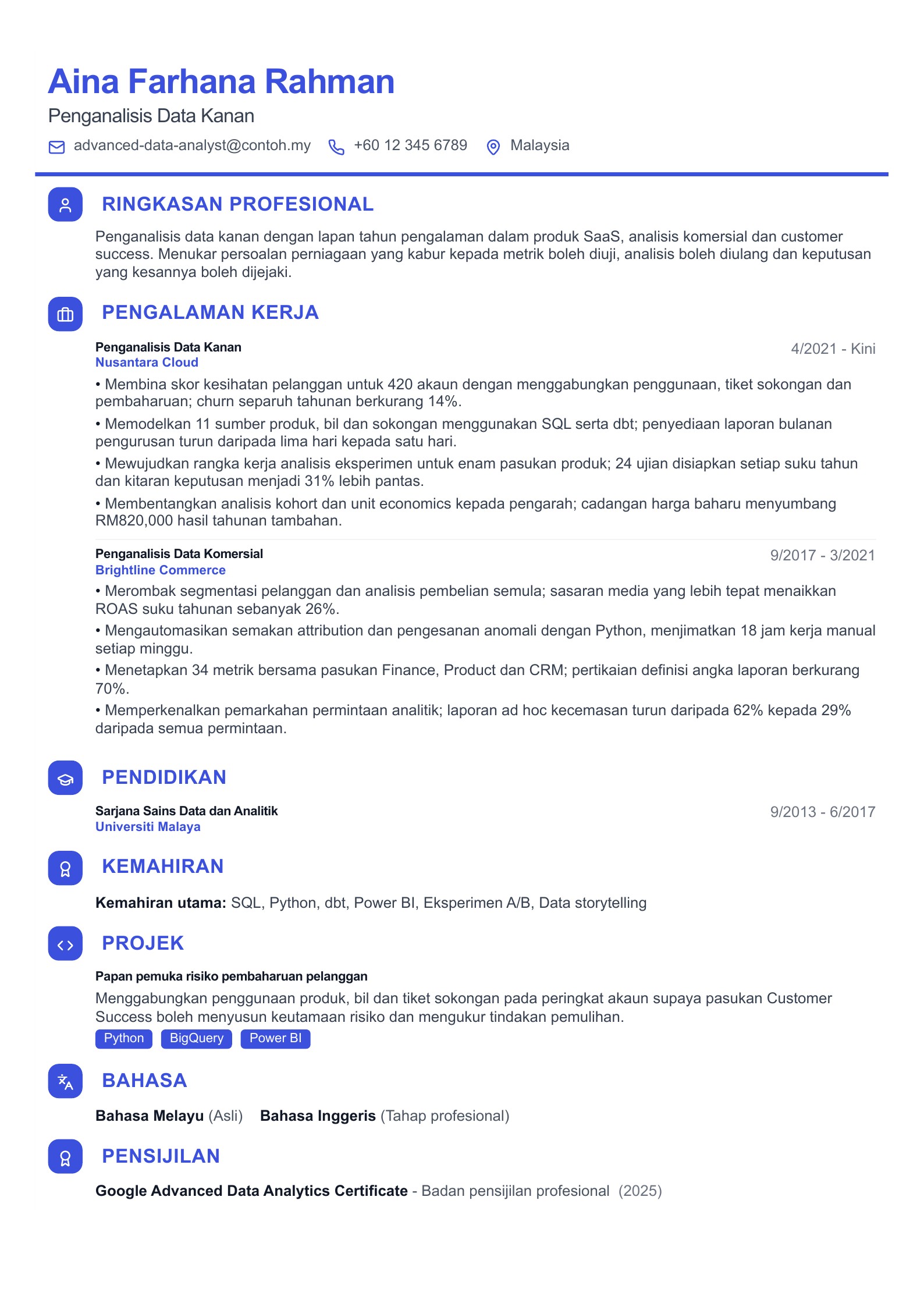 Pratonton Contoh resume Penganalisis Data dengan muat turun PDF dan panduan