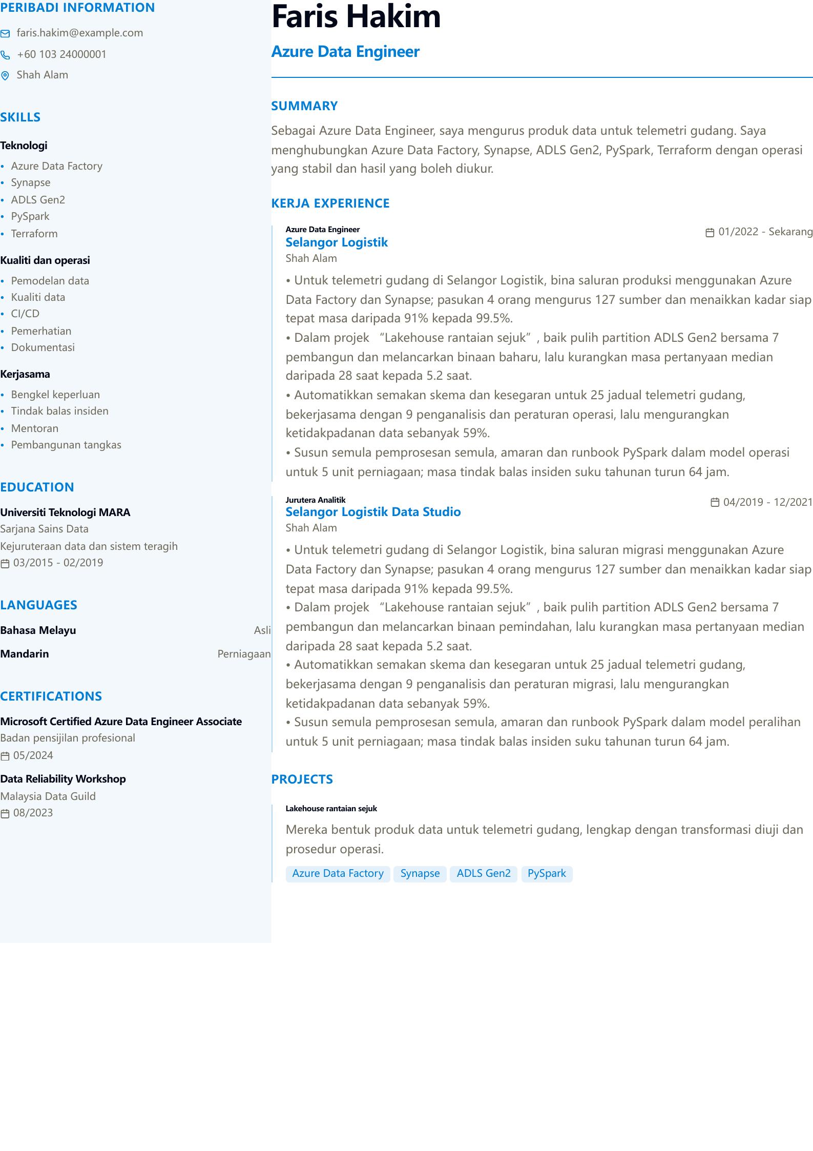 Contoh resume Azure Data Engineer Pratonton