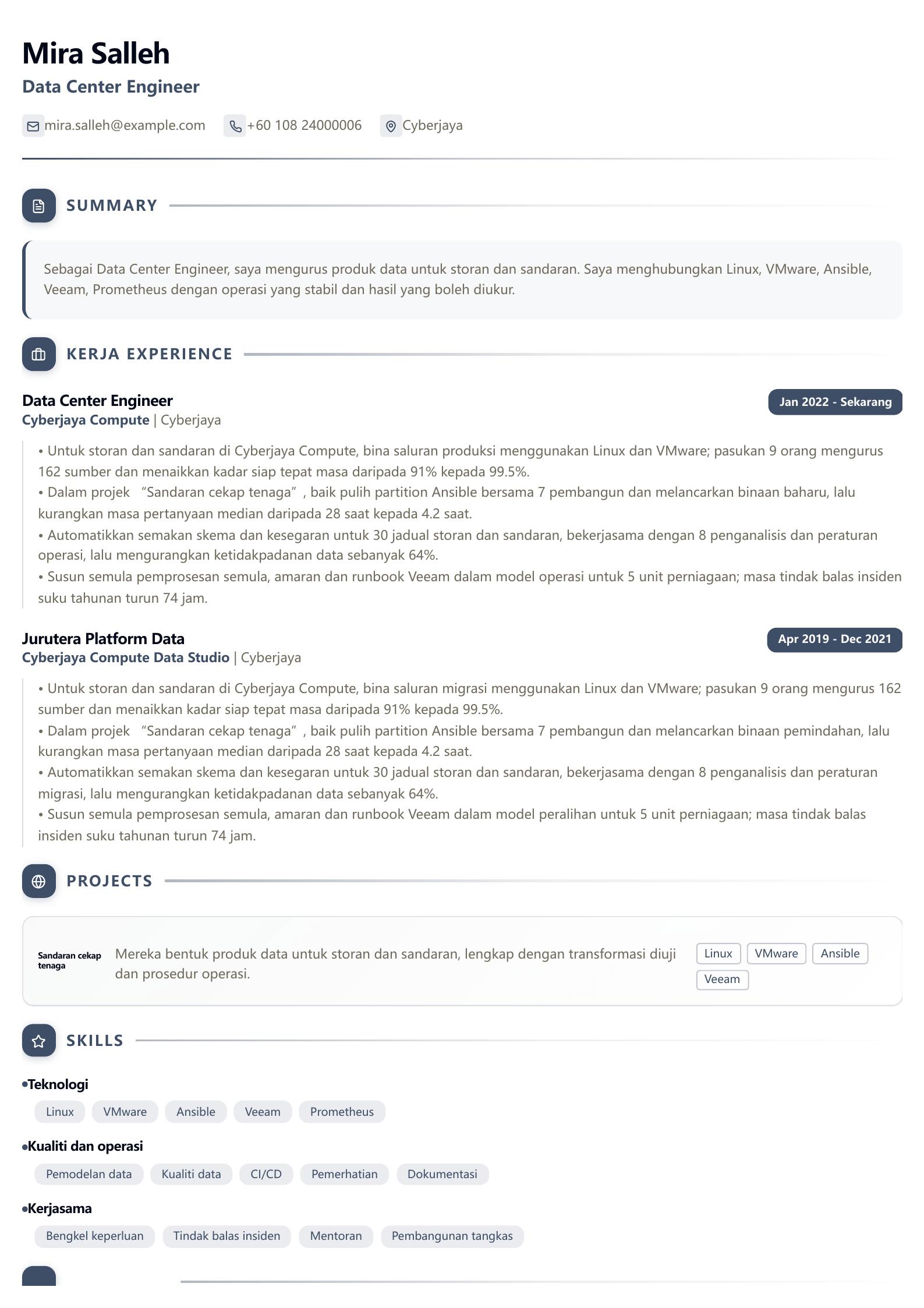 Contoh resume Data Center Engineer Pratonton