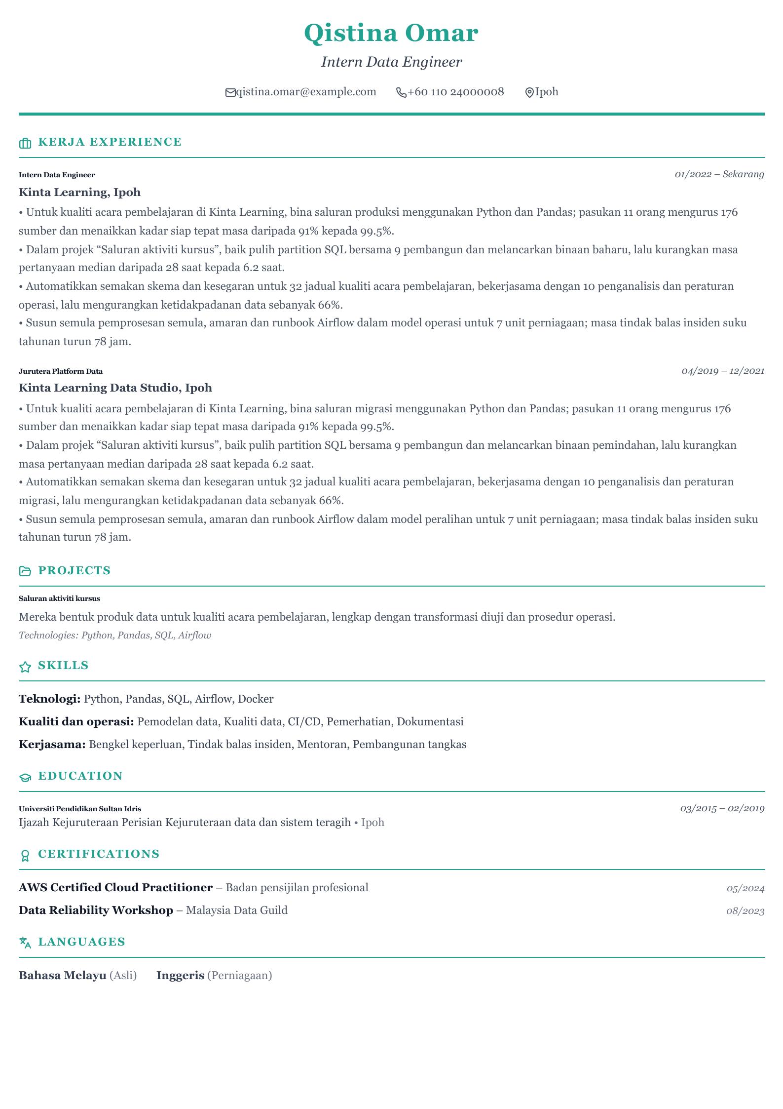 Contoh resume intern Data Engineer Pratonton