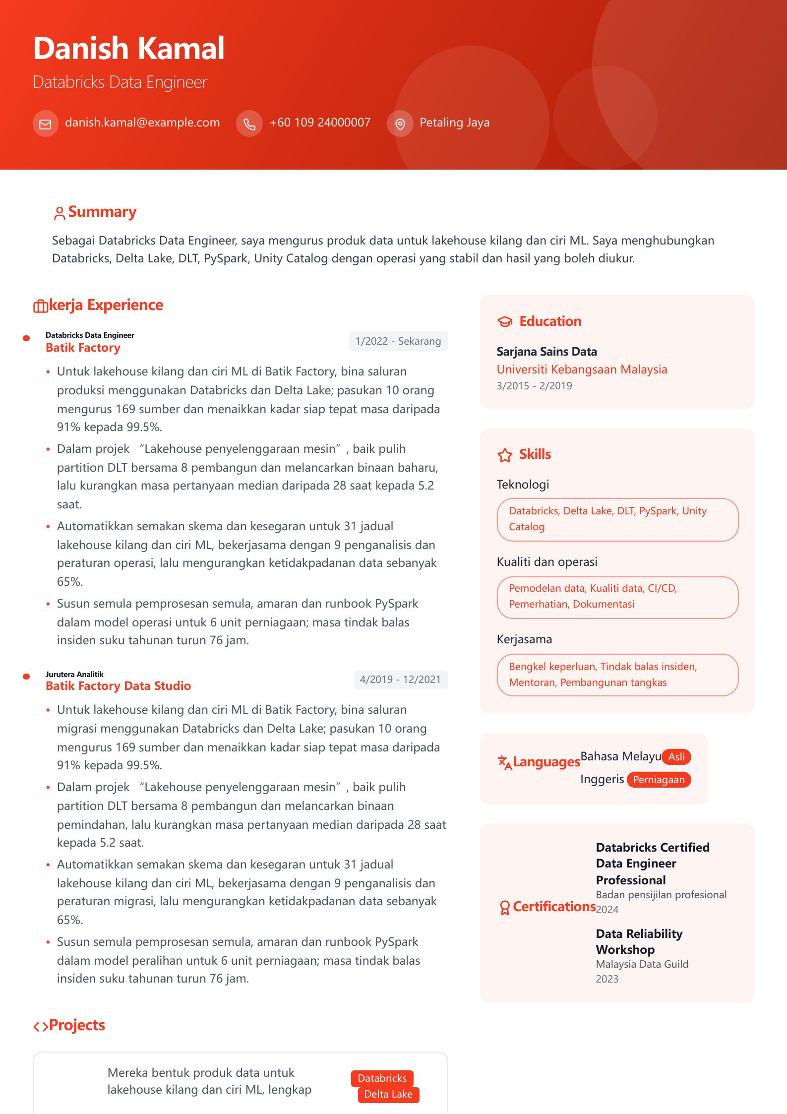Contoh resume Databricks Data Engineer Pratonton