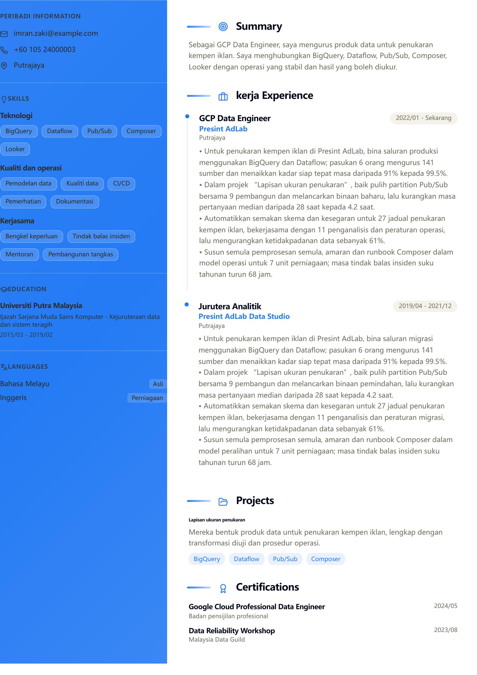 Contoh resume GCP Data Engineer Pratonton