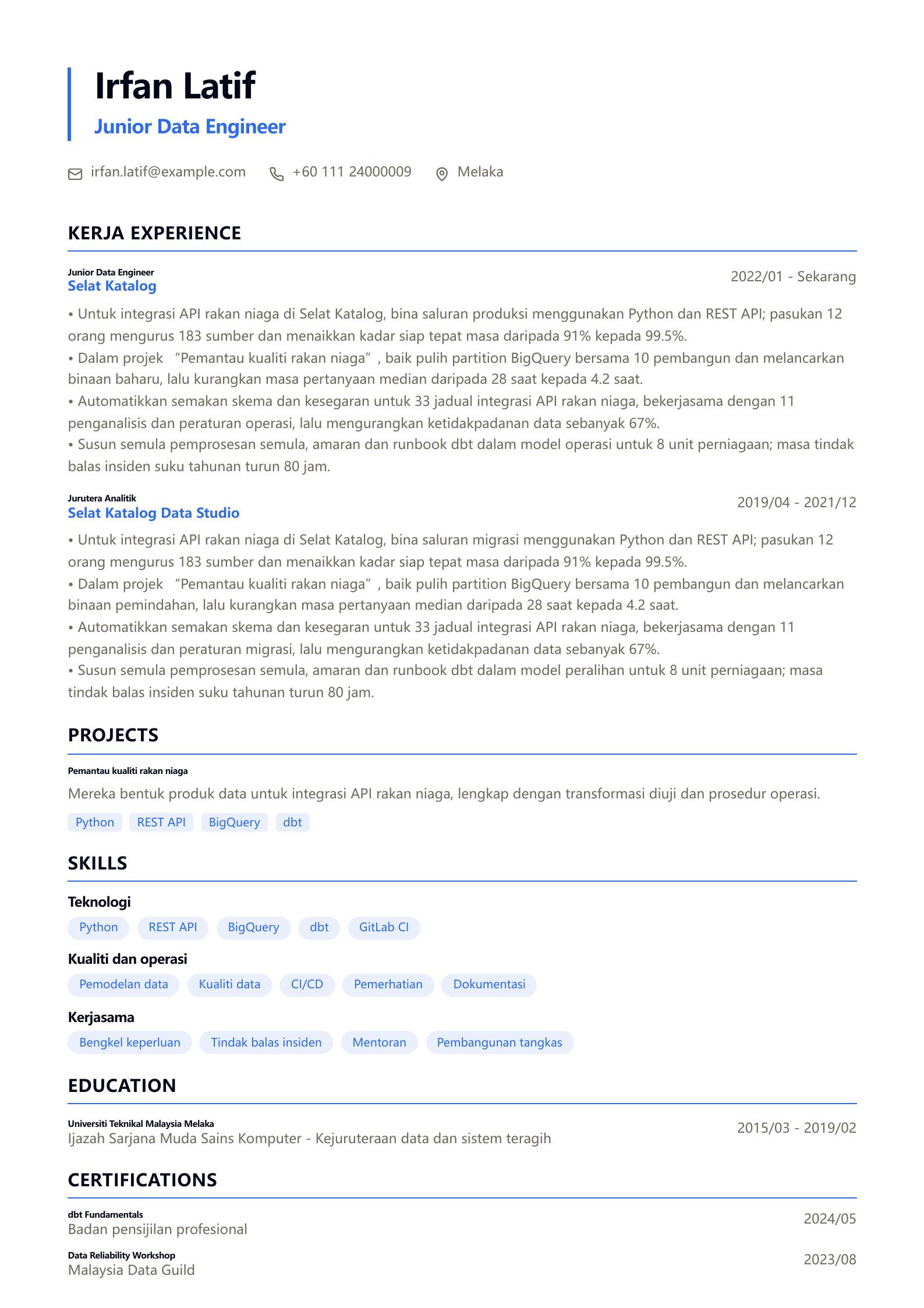 Contoh resume Junior Data Engineer Pratonton
