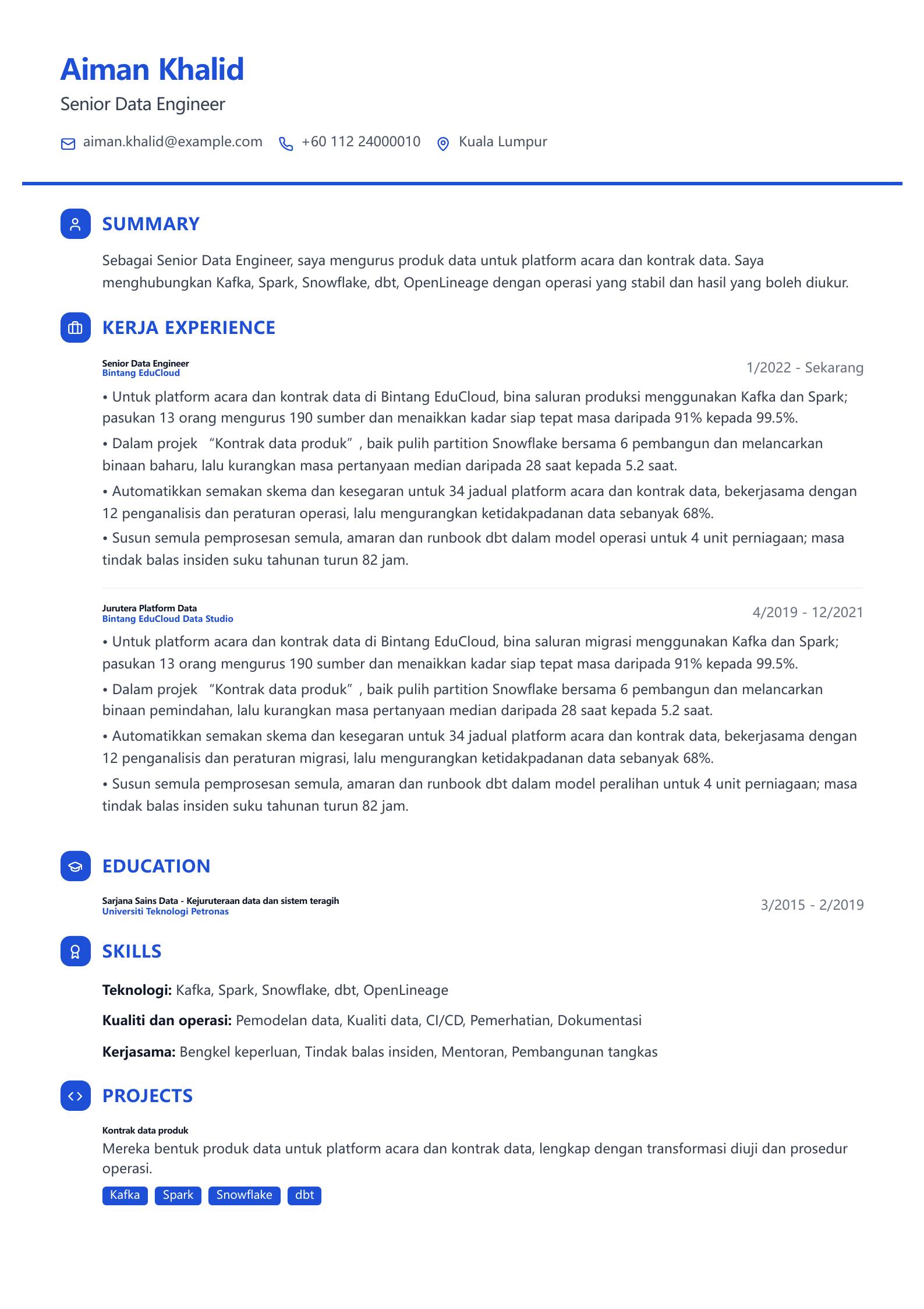 Contoh resume Senior Data Engineer Pratonton