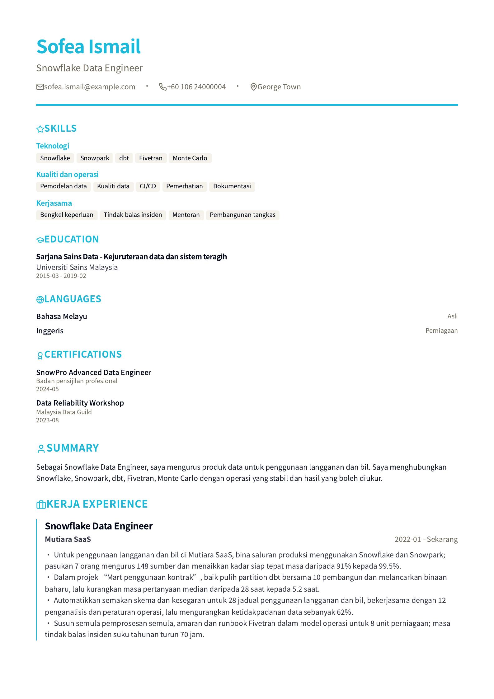 Contoh resume Snowflake Data Engineer Pratonton