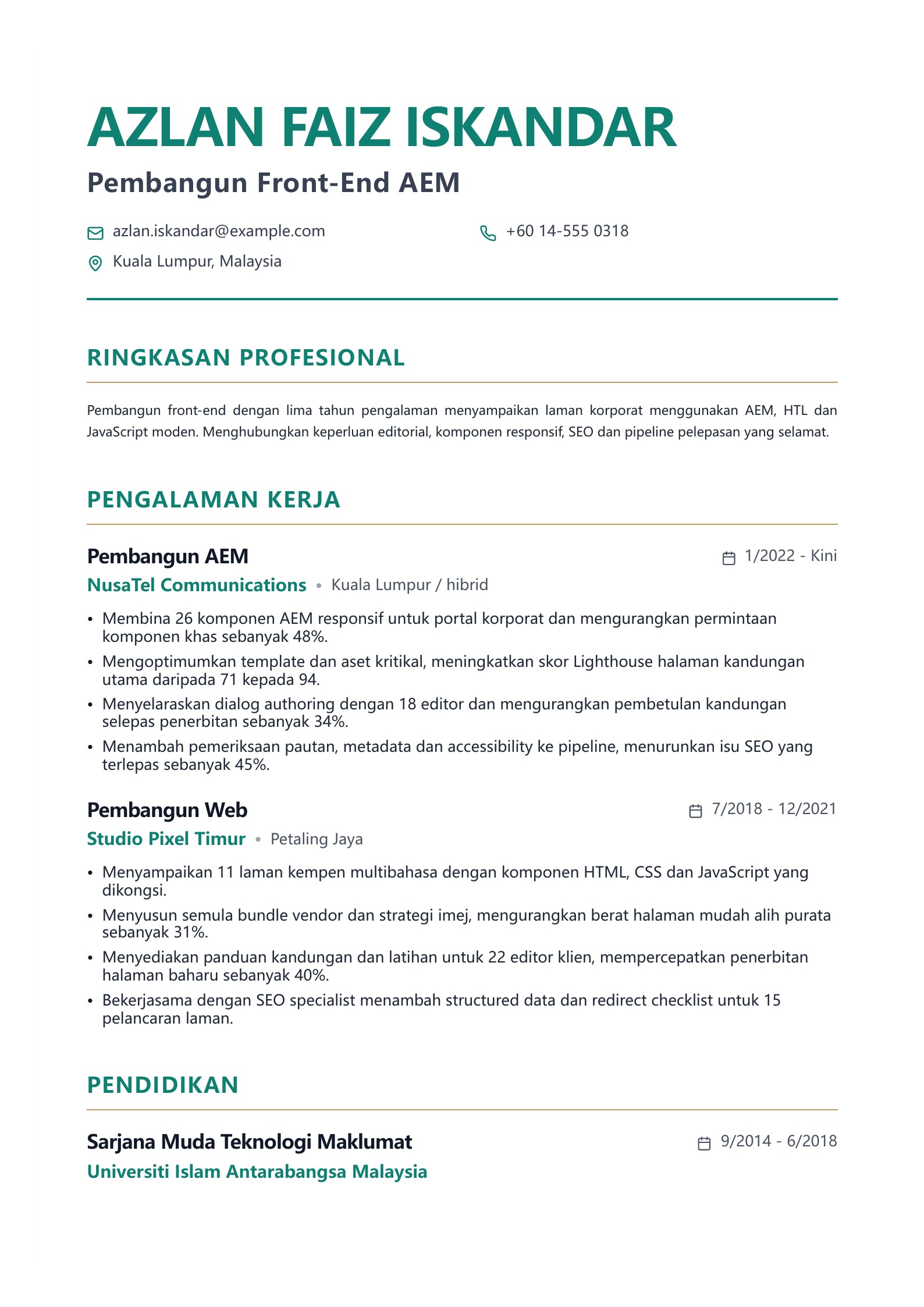 Pratonton Contoh Resume Front-End Developer dengan muat turun PDF percuma