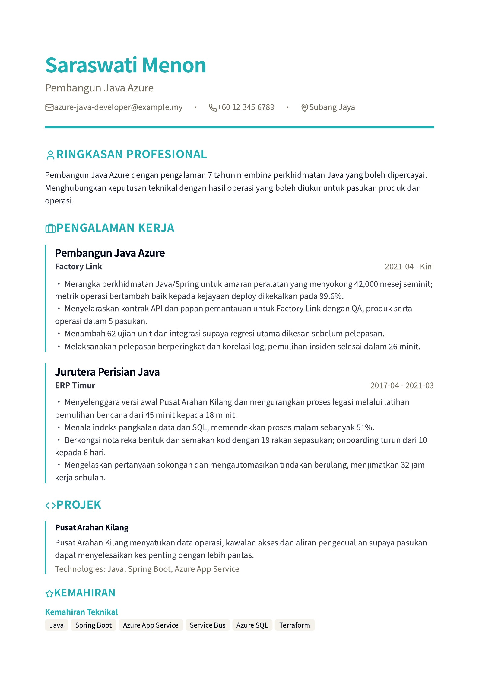 Pembangun Java Azure: Contoh Resume pratonton