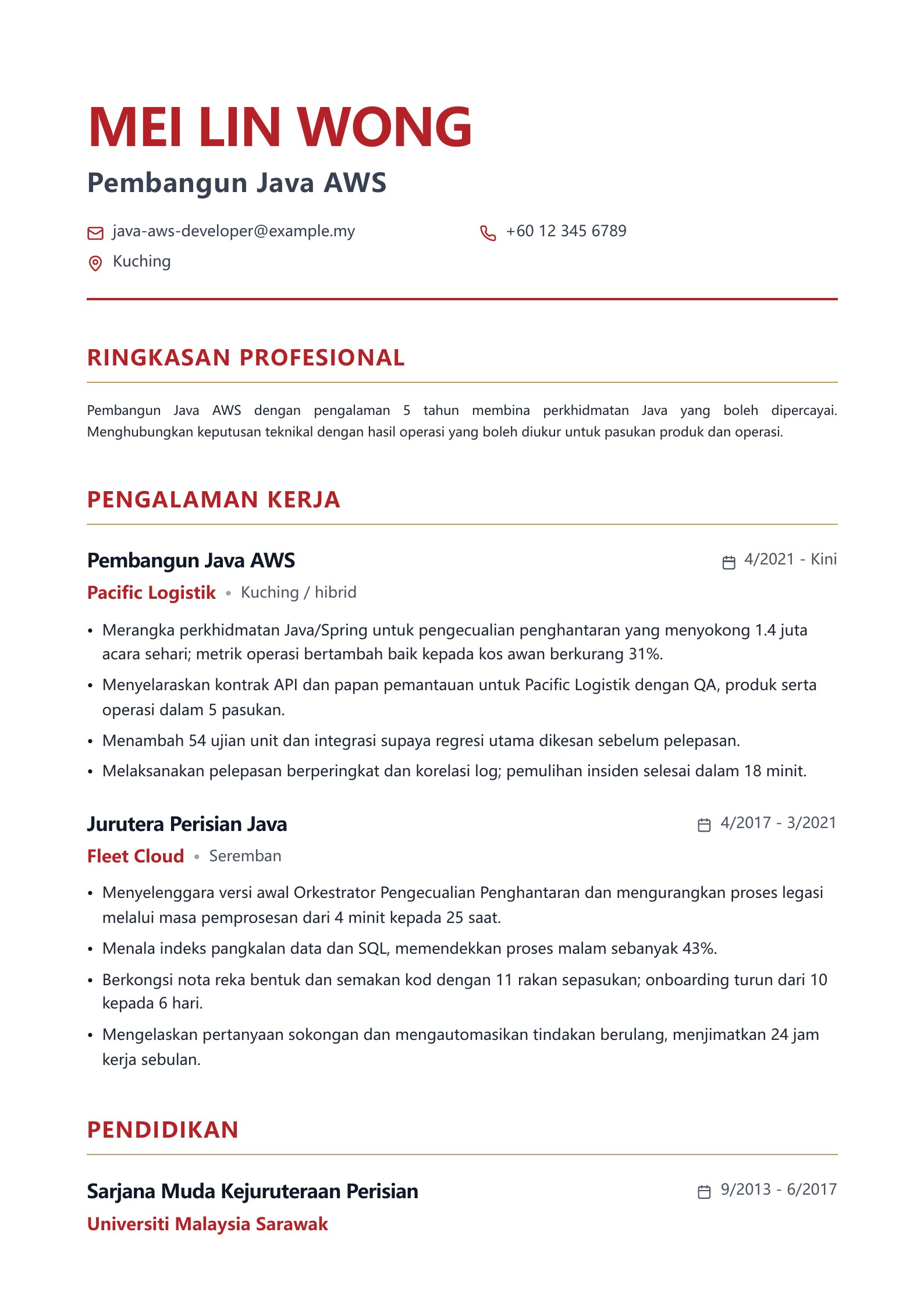 Pembangun Java AWS: Contoh Resume pratonton