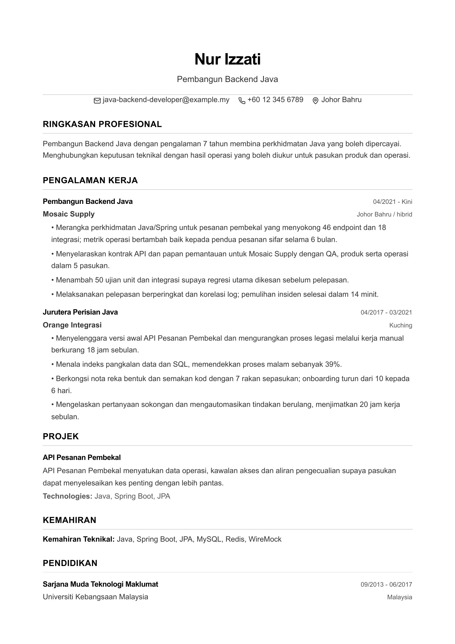 Pembangun Backend Java: Contoh Resume pratonton