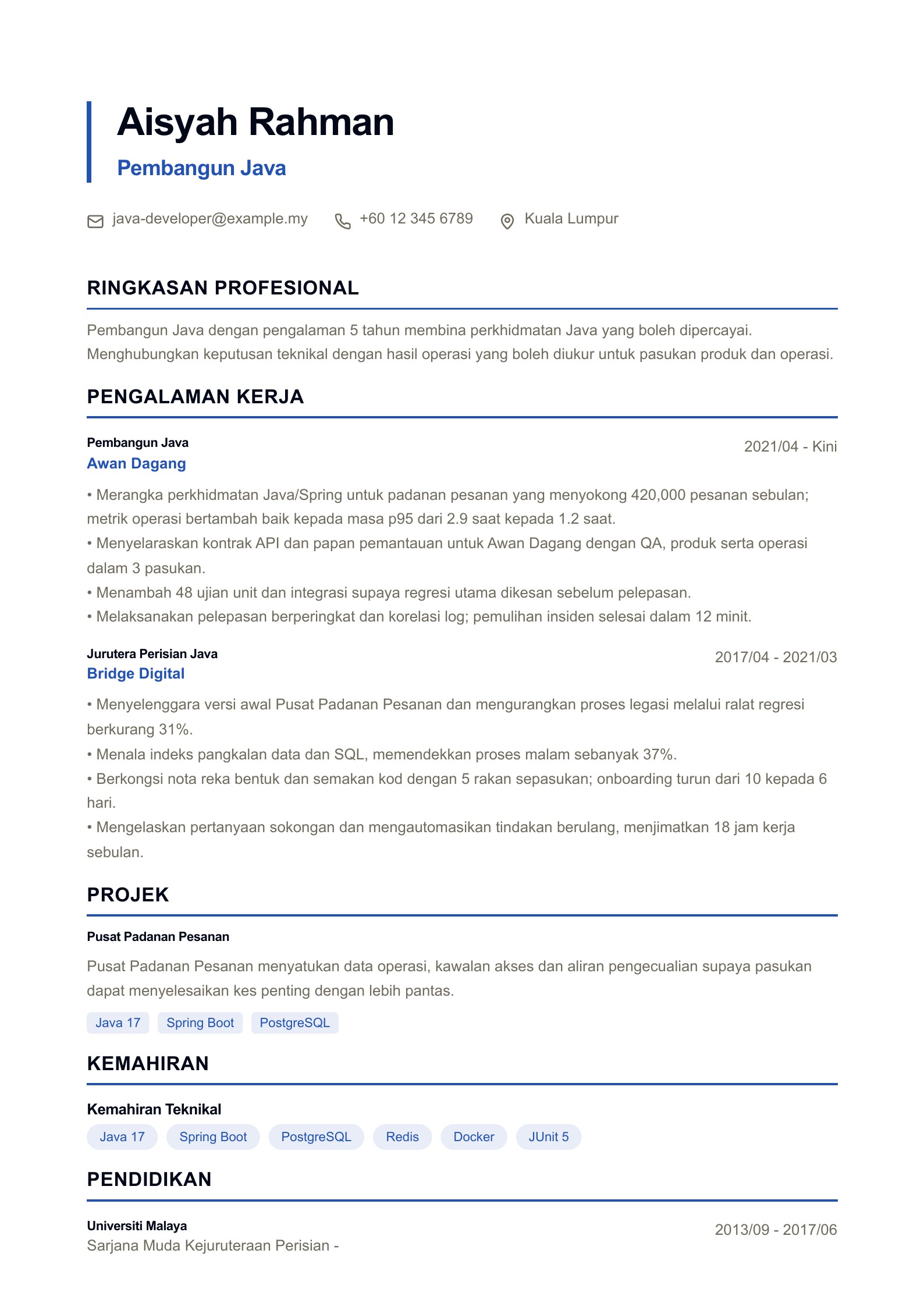 Pembangun Java: Contoh Resume pratonton
