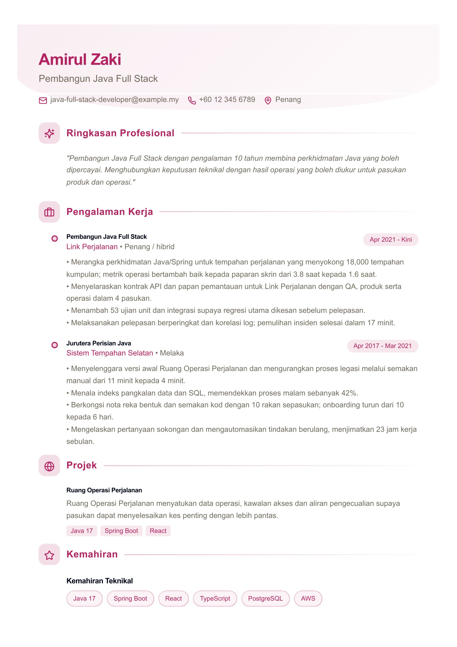 Pembangun Java Full Stack: Contoh Resume pratonton