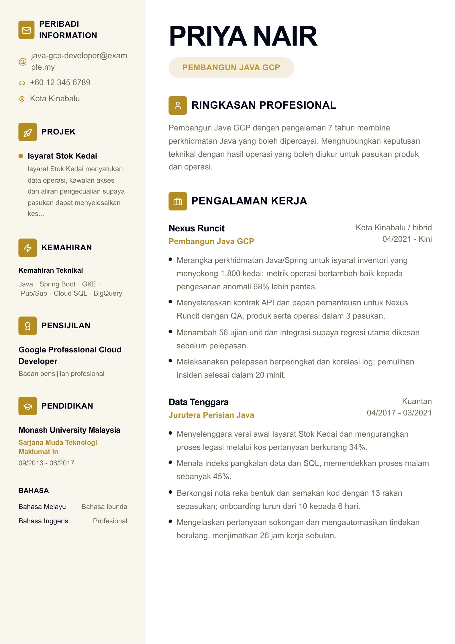 Pembangun Java GCP: Contoh Resume pratonton