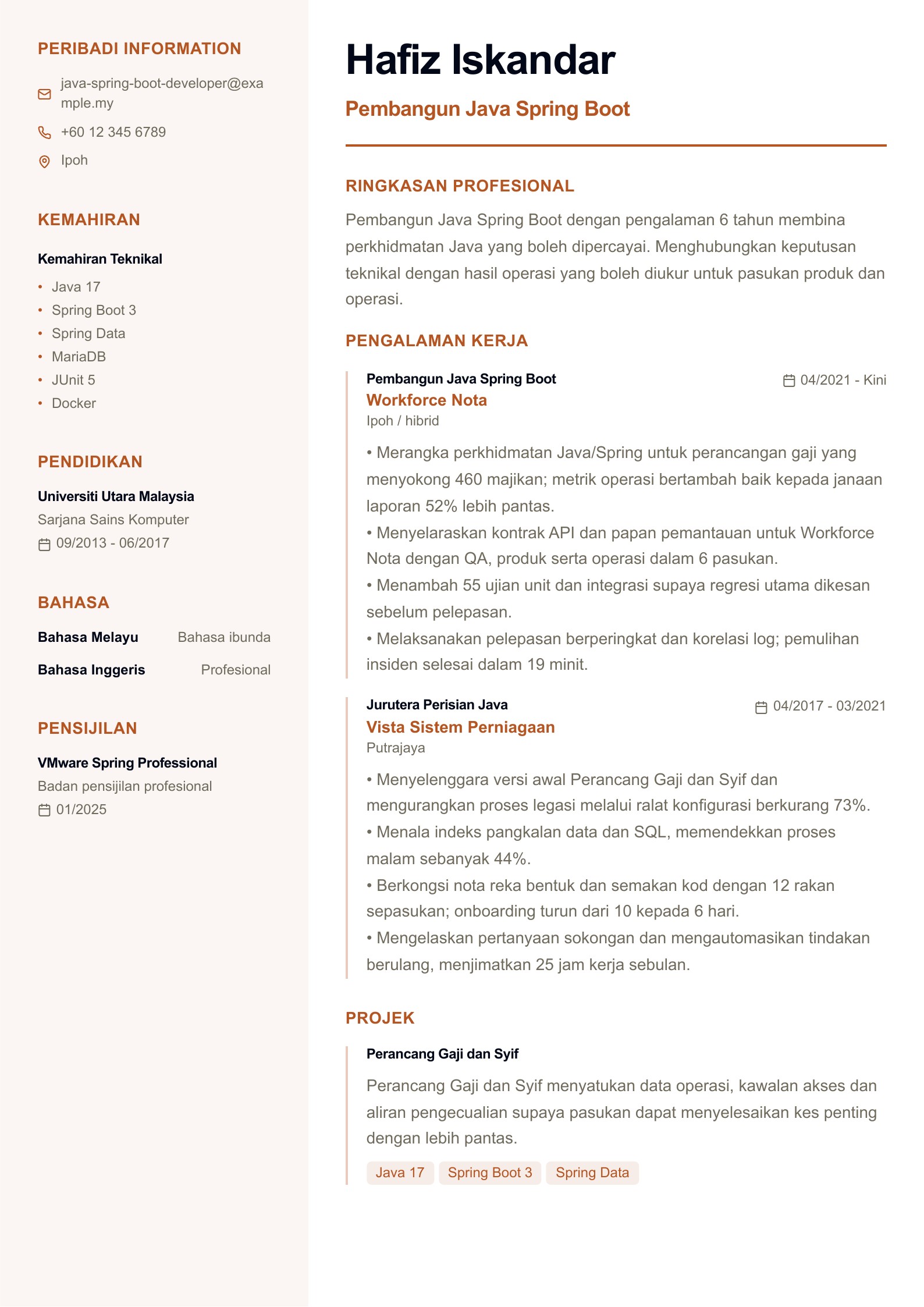 Pembangun Java Spring Boot: Contoh Resume pratonton
