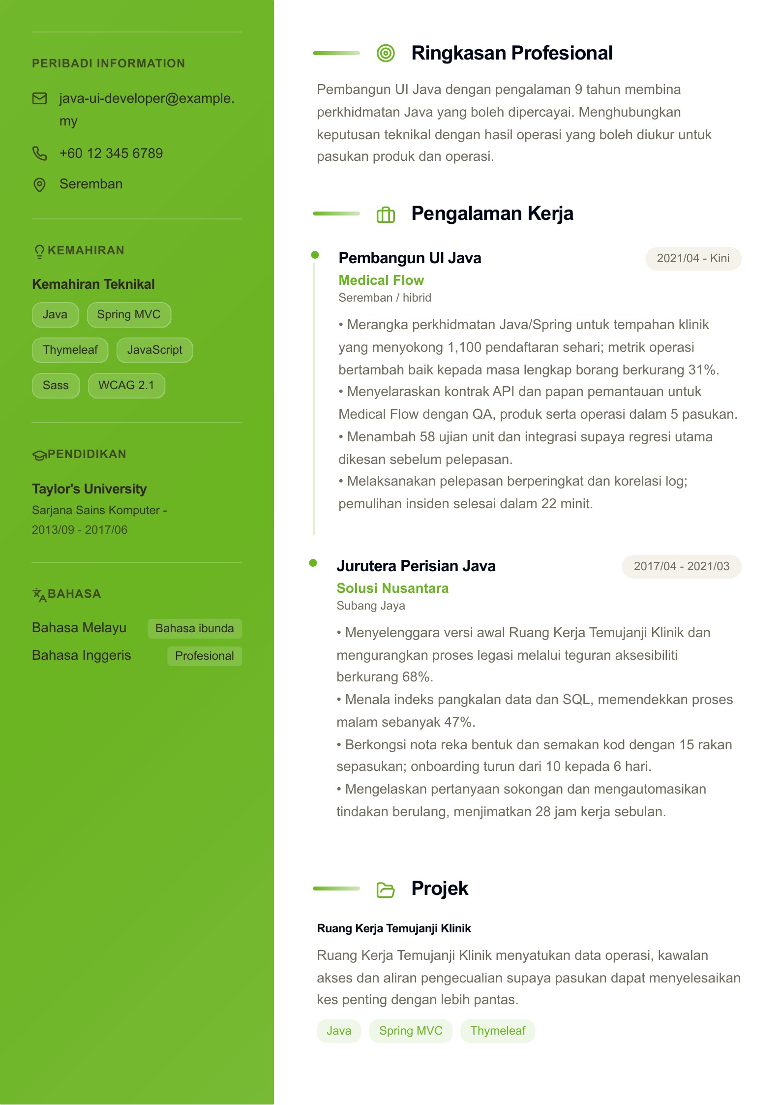Pembangun UI Java: Contoh Resume pratonton