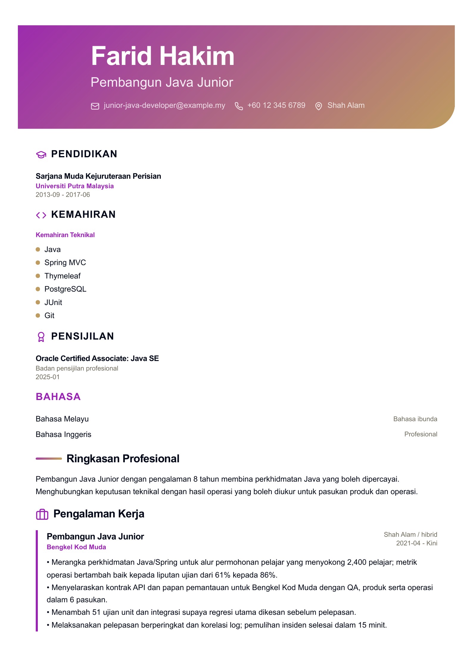 Pembangun Java Junior: Contoh Resume pratonton