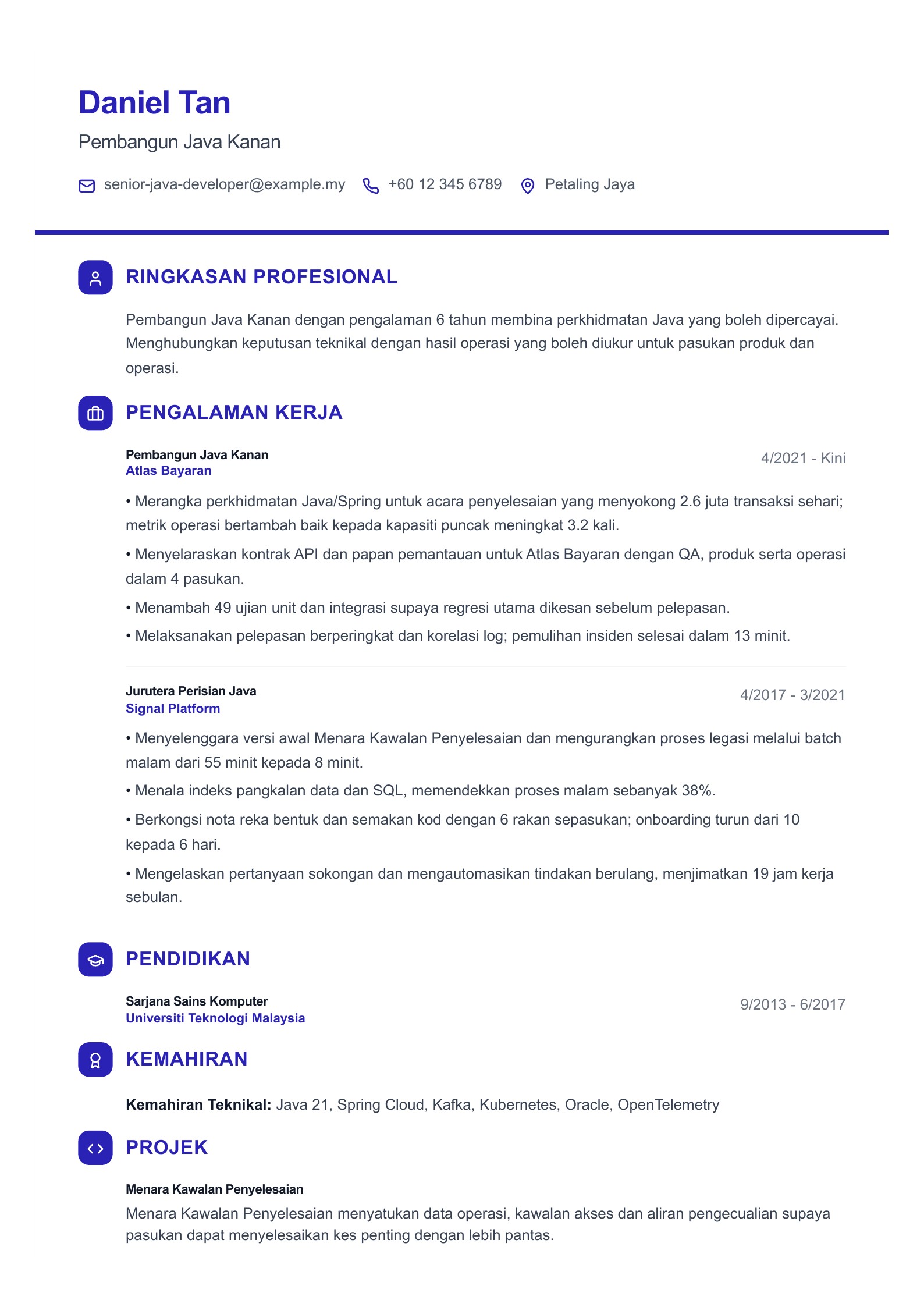 Pembangun Java Kanan: Contoh Resume pratonton