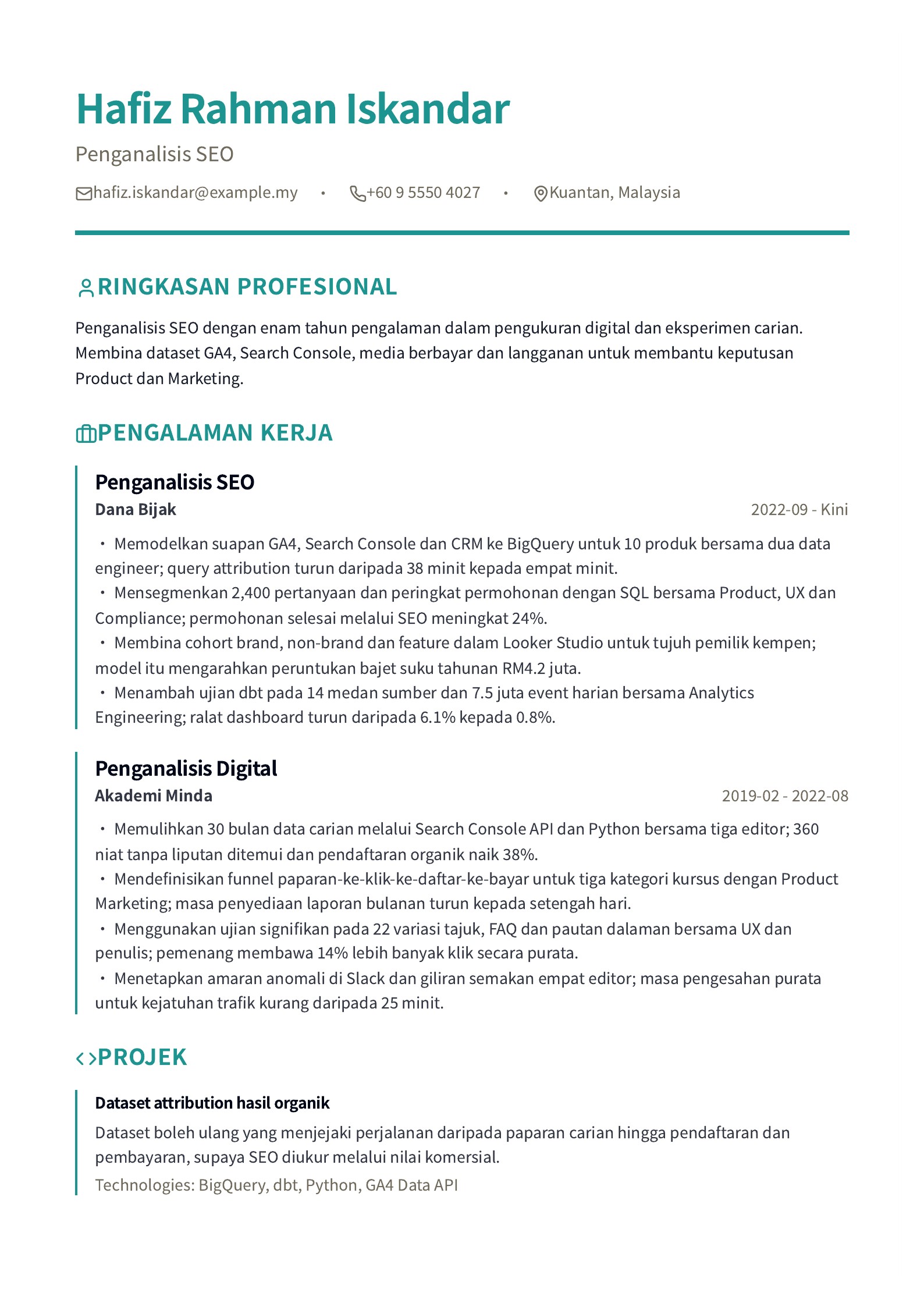 Pratonton Contoh Resume SEO Templat PDF Percuma