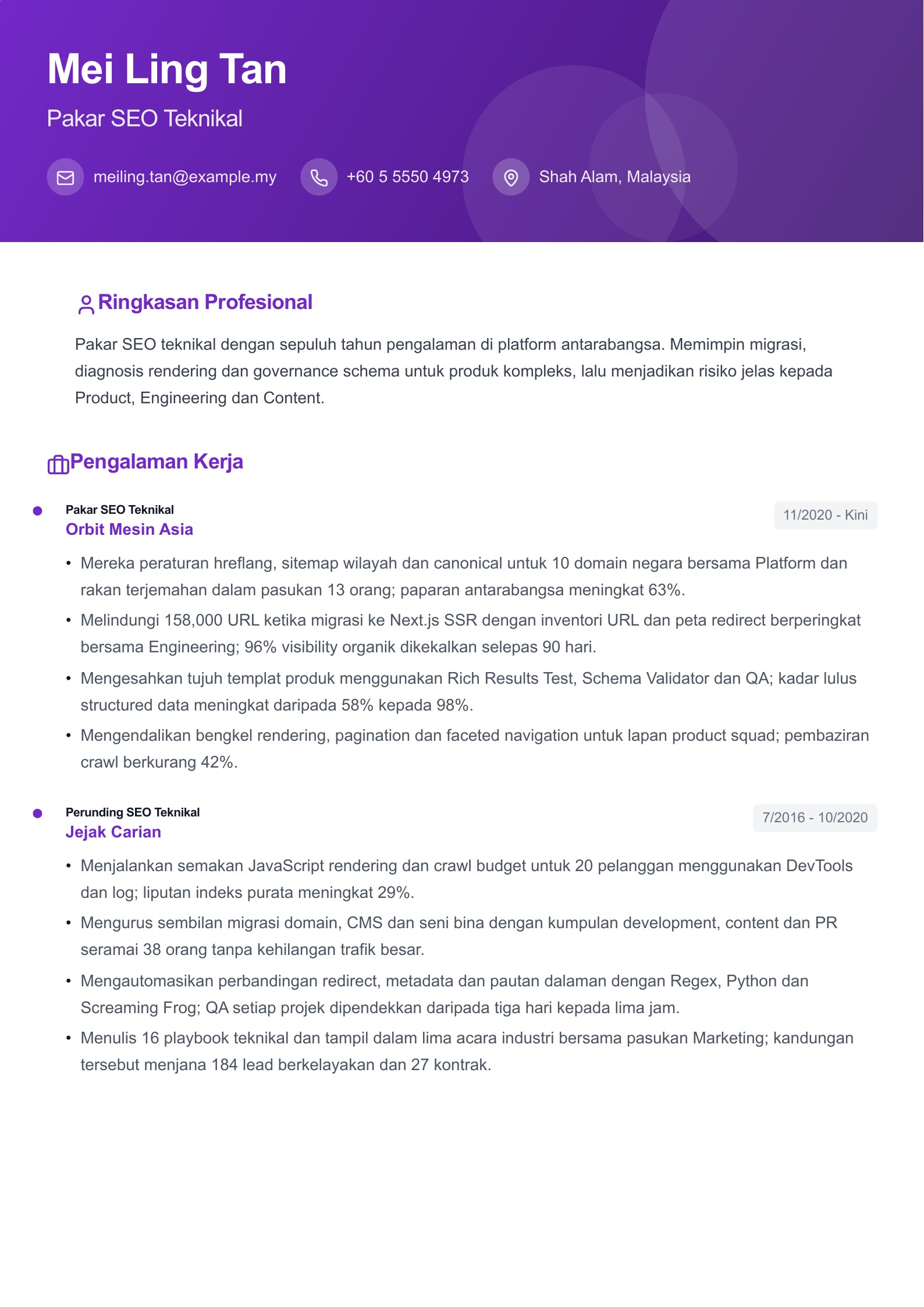 Resume Pakar SEO - contoh Bahasa Melayu