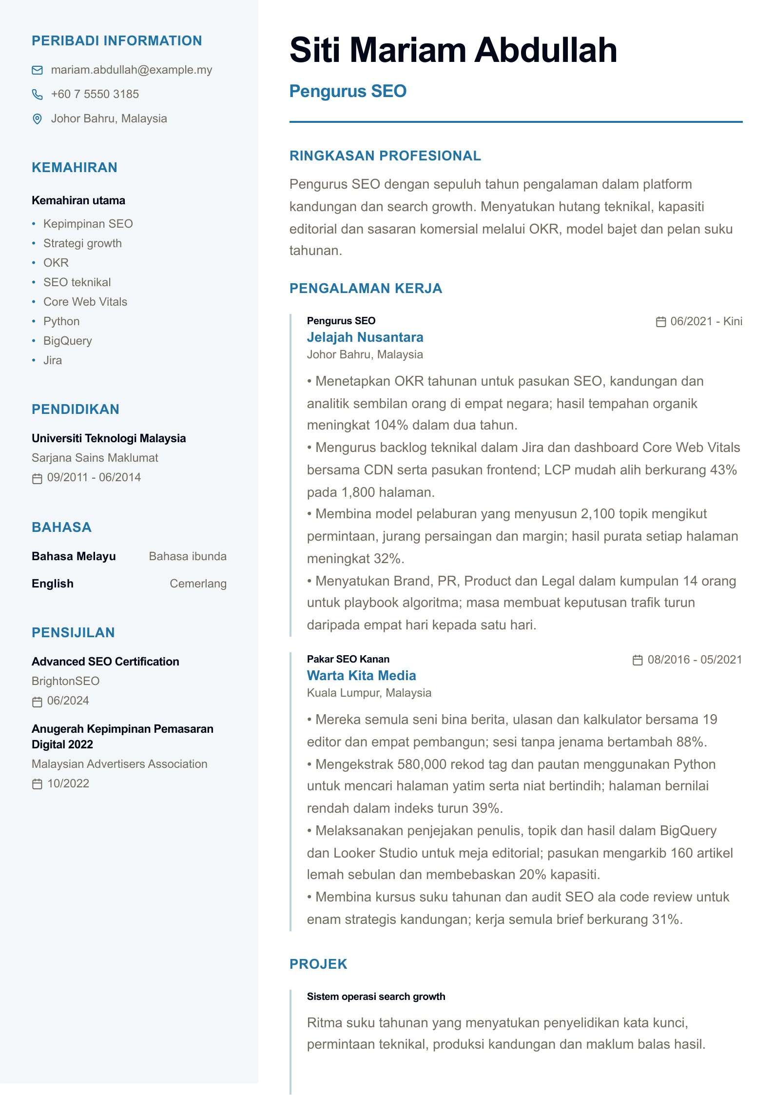 Resume Pengurus SEO - contoh Bahasa Melayu