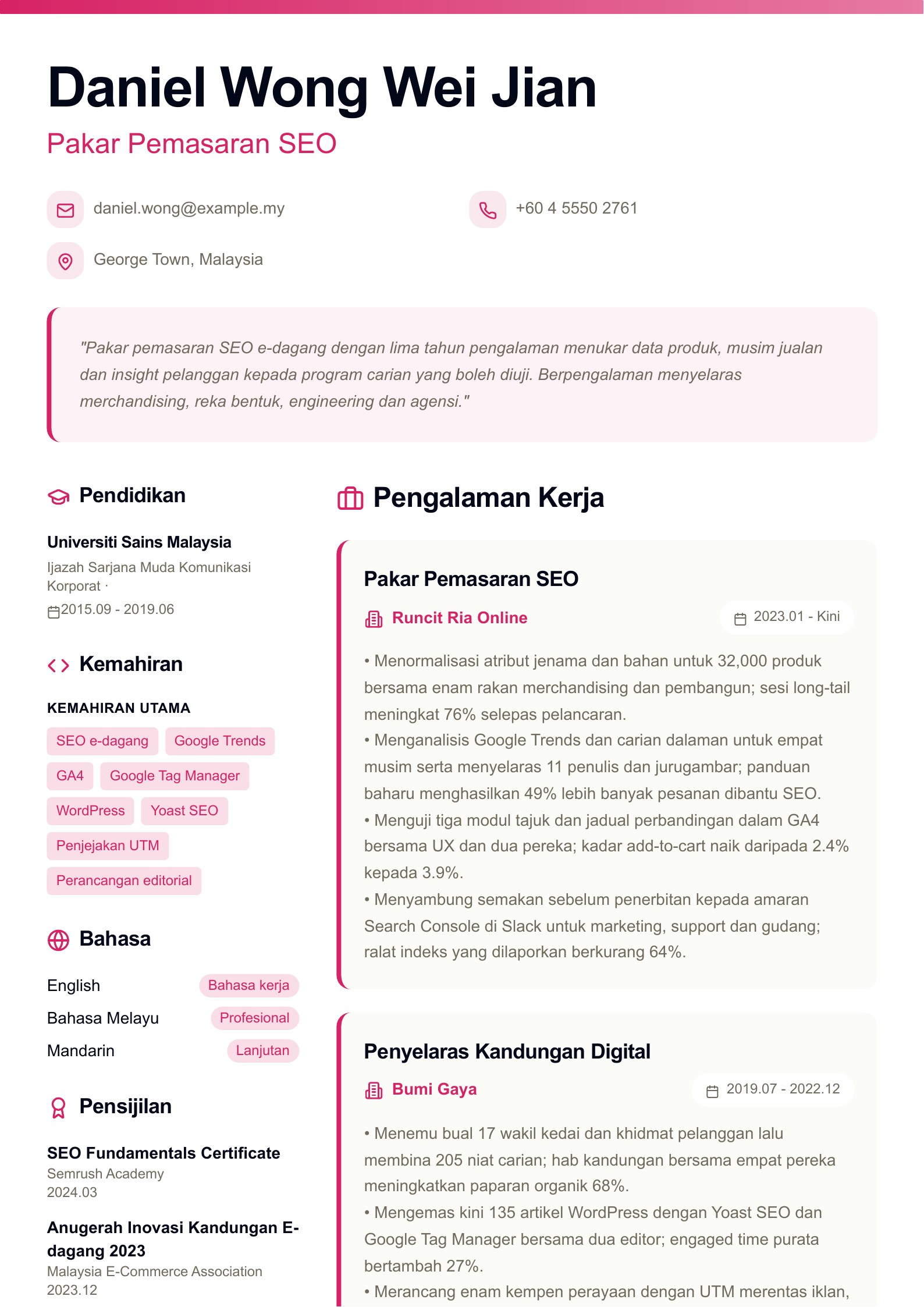 Resume Pakar Pemasaran SEO - contoh Bahasa Melayu