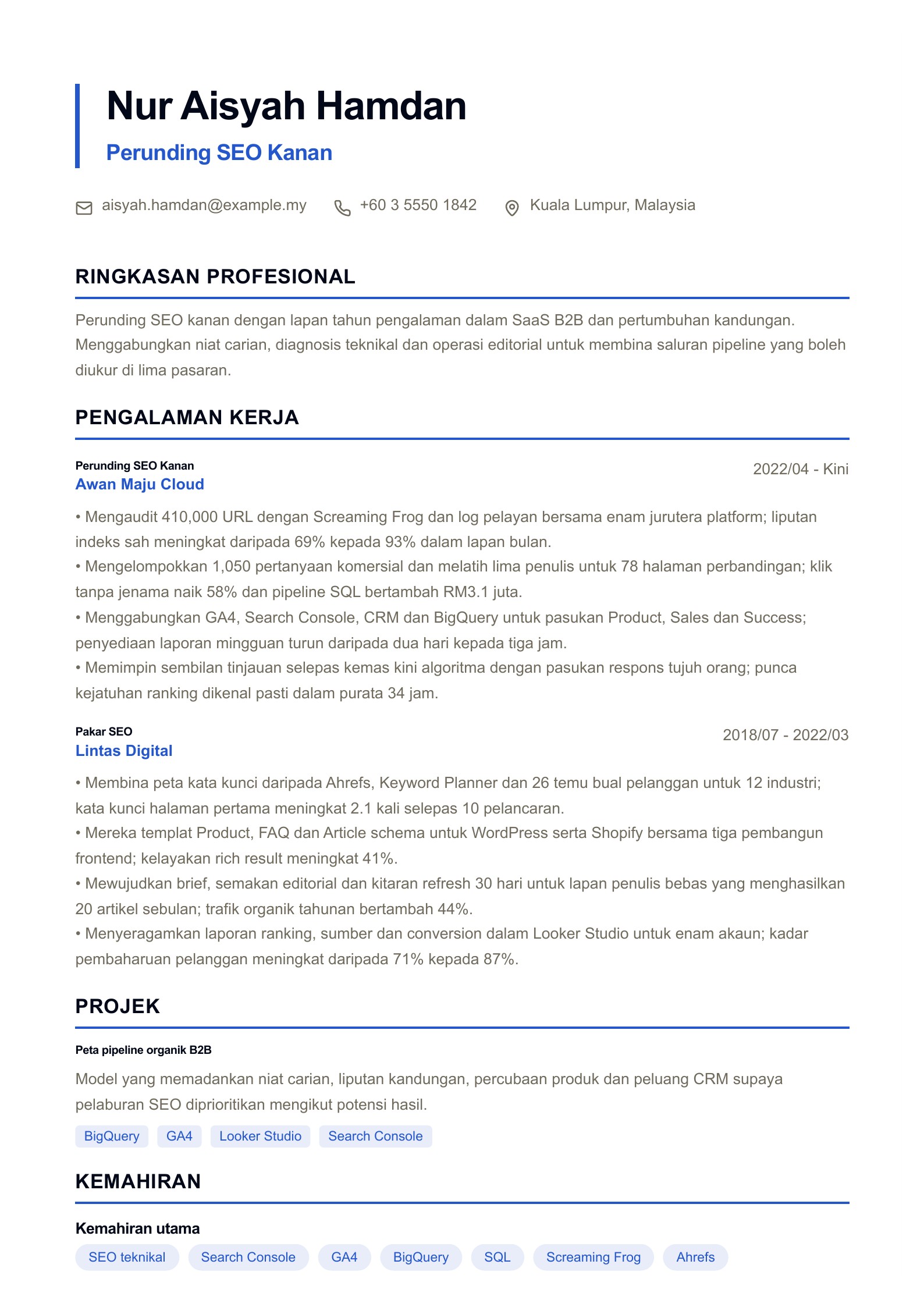 Resume SEO - contoh Bahasa Melayu