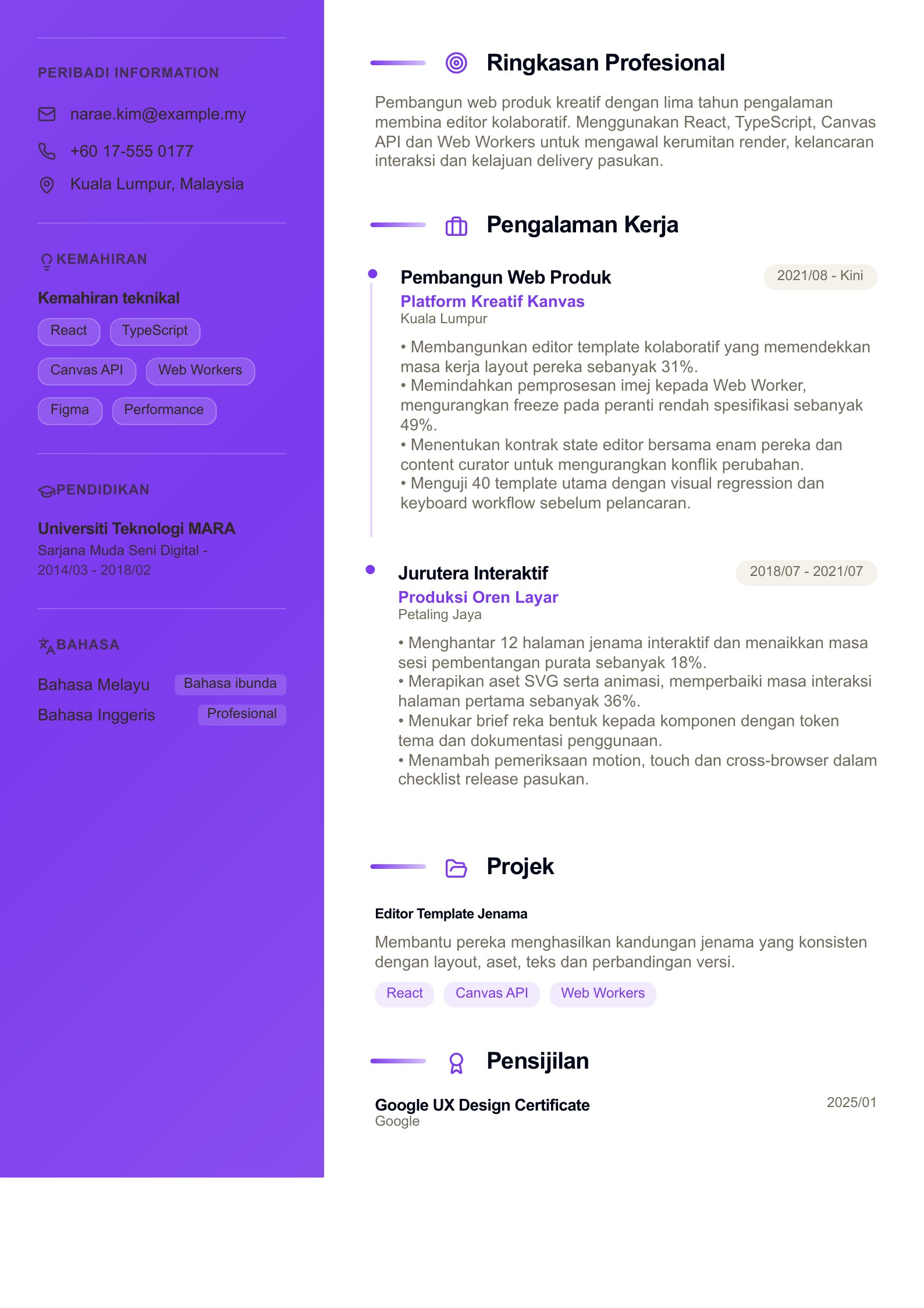 Resume Pembangun Web Canva - contoh Bahasa Melayu