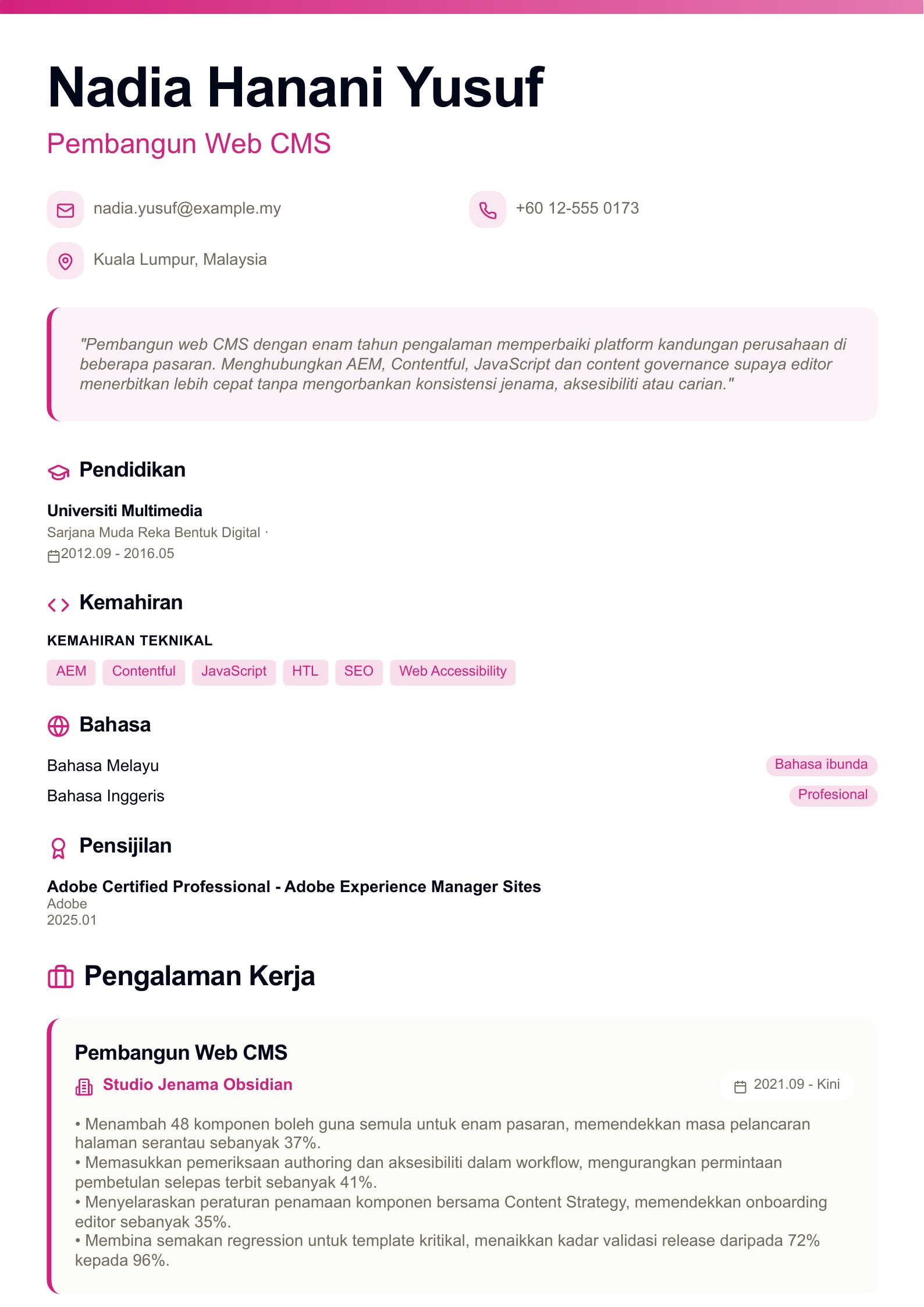 Resume Pembangun Web CMS - contoh Bahasa Melayu