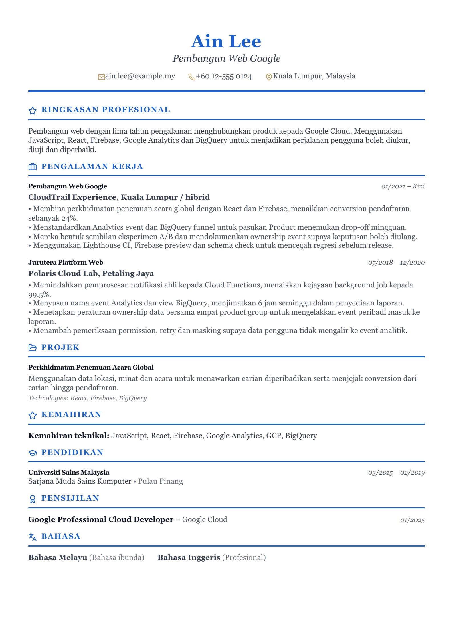 Resume Pembangun Web Google - contoh Bahasa Melayu