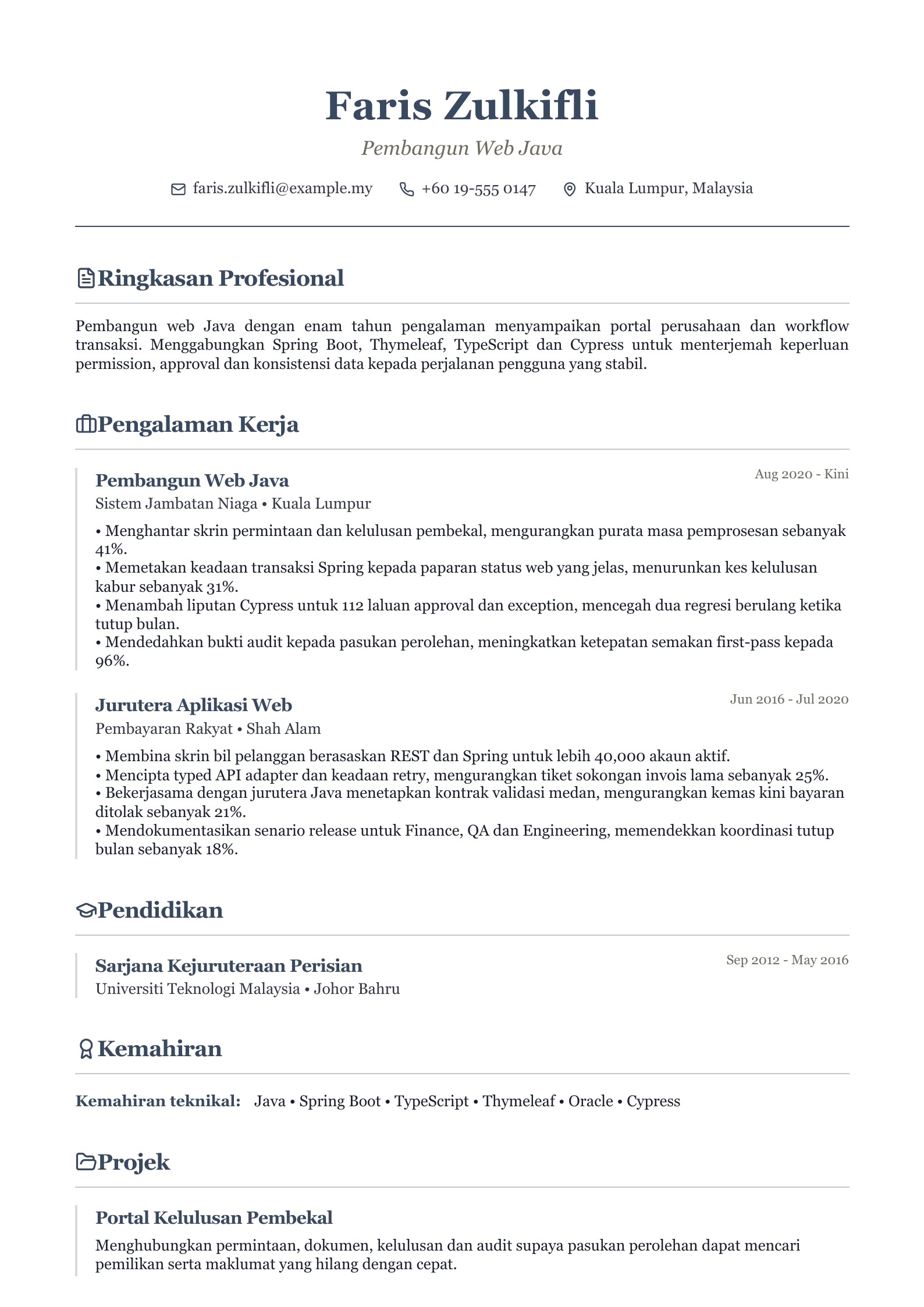 Resume Pembangun Web Java - contoh Bahasa Melayu