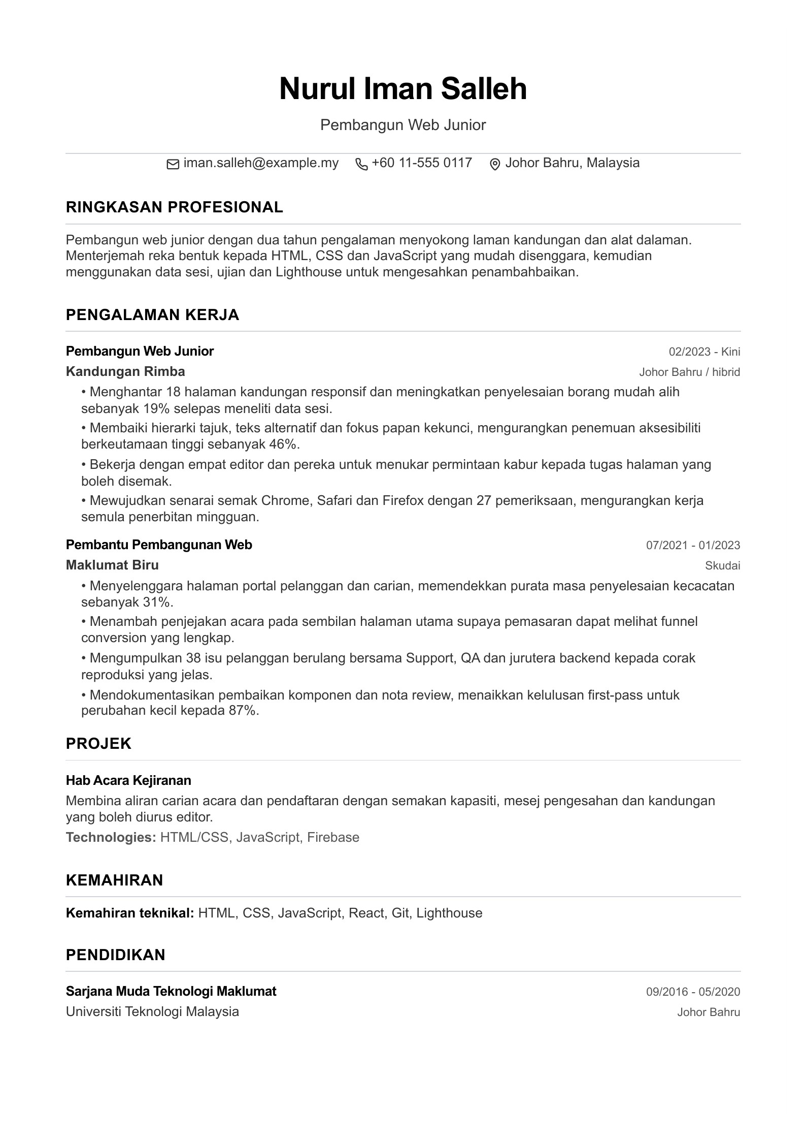 Resume Pembangun Web Junior - contoh Bahasa Melayu