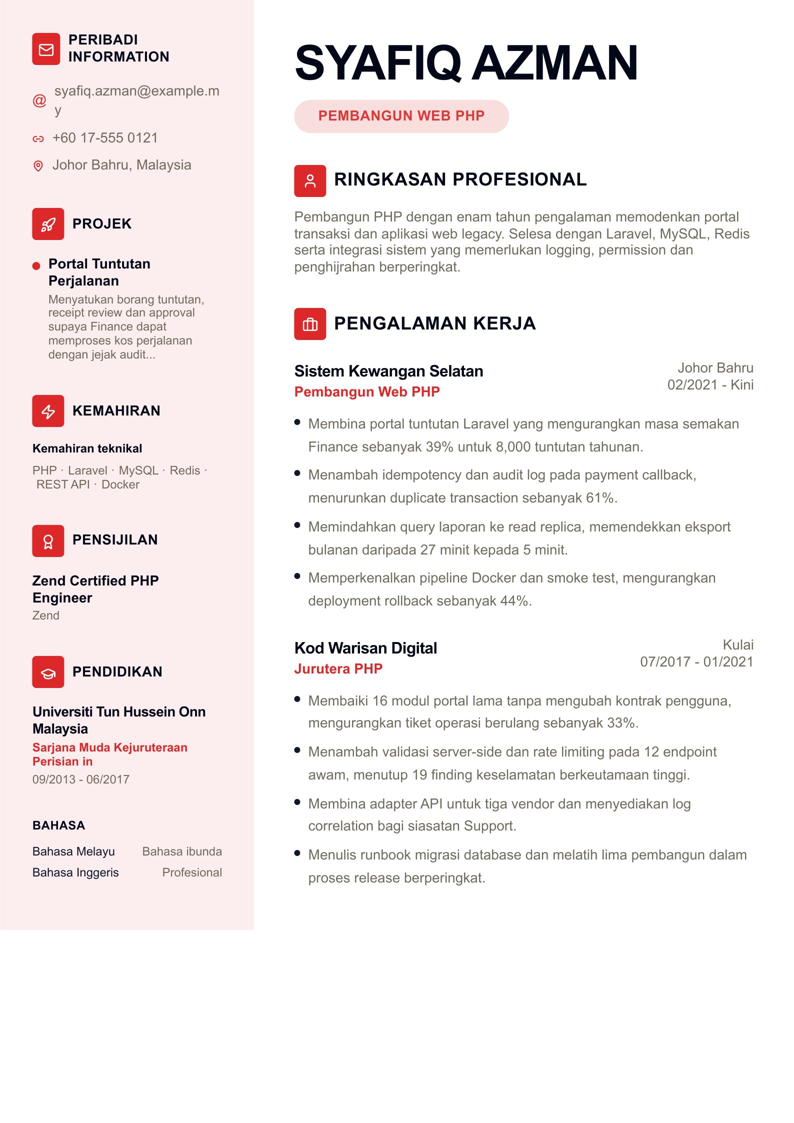 Resume Pembangun Web PHP - contoh Bahasa Melayu