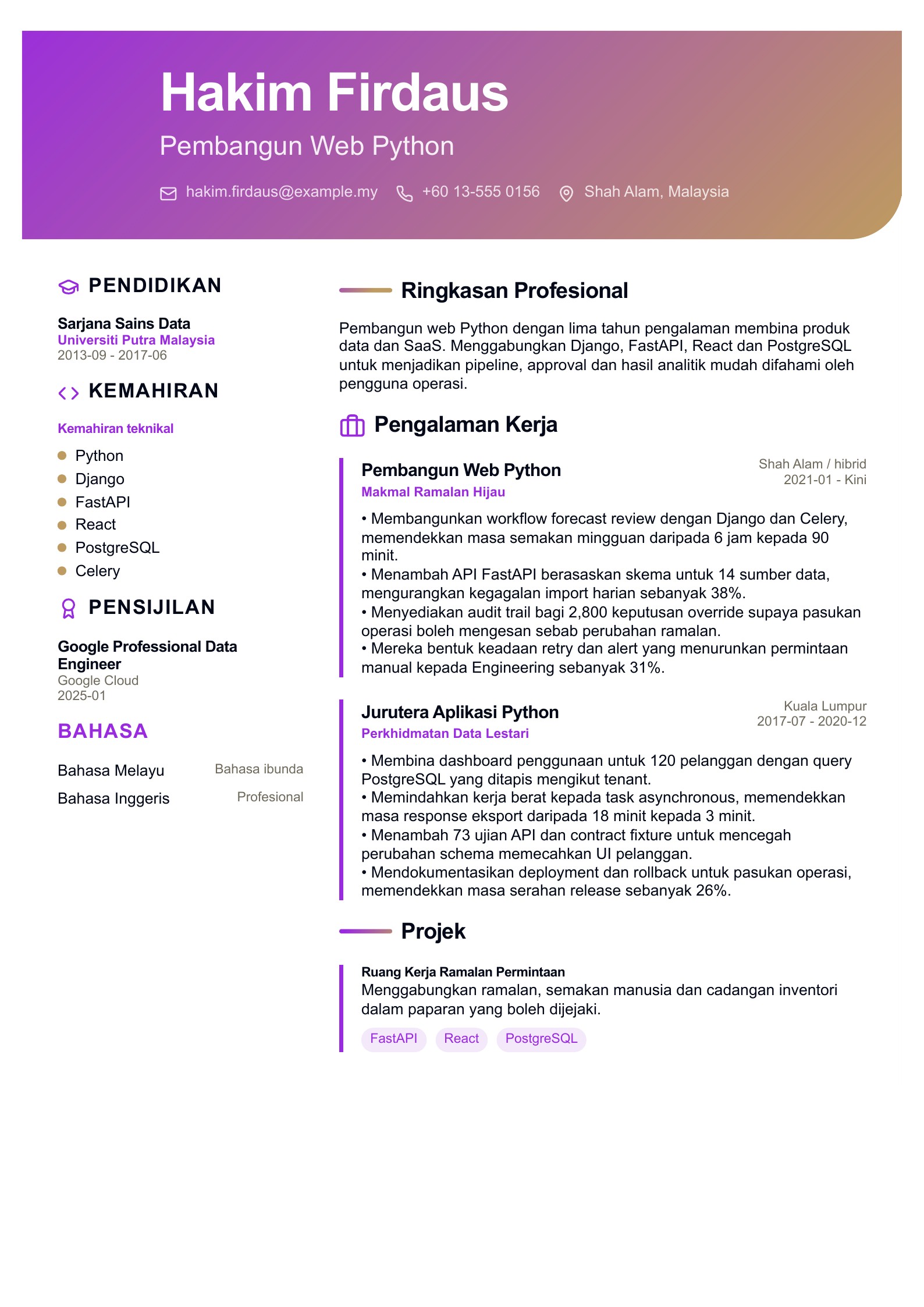 Resume Pembangun Web Python - contoh Bahasa Melayu