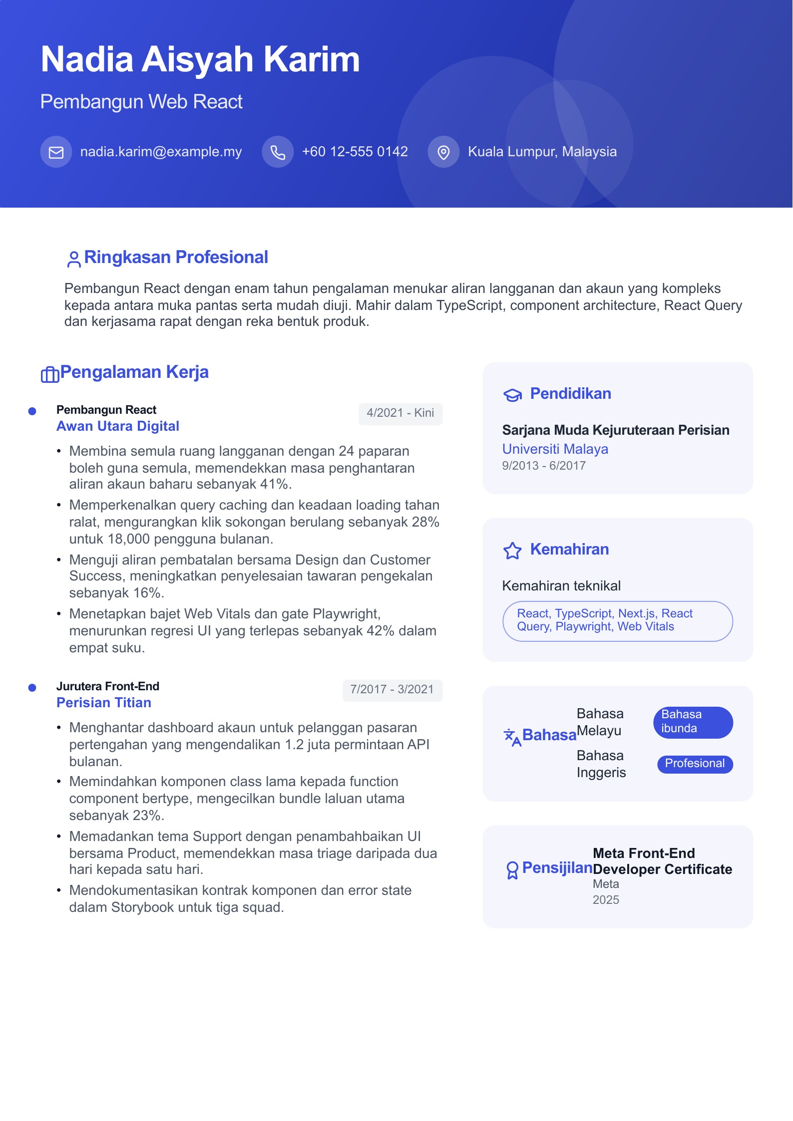 Resume Pembangun Web React - contoh Bahasa Melayu